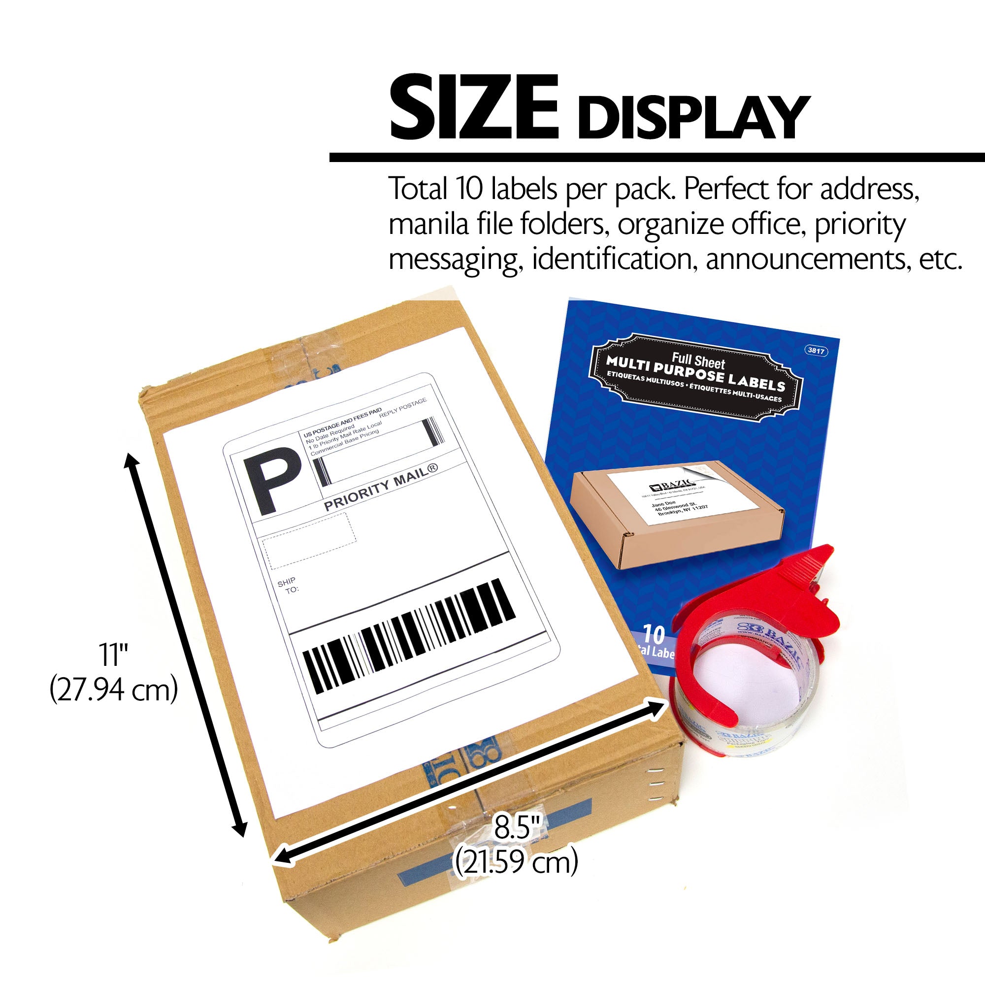 8.5" x 11" Full Sheet Multipurpose Labels, White, 10 Count