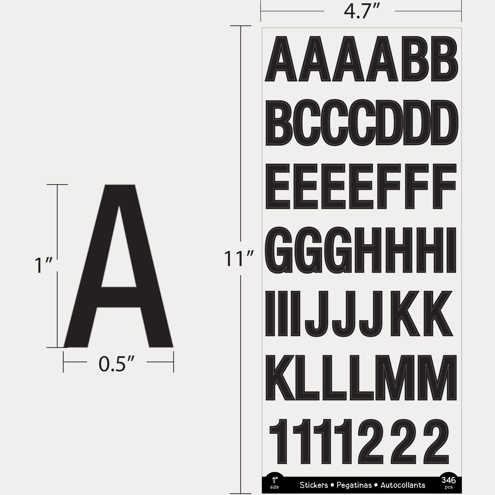 Letter Stickers, 1" Black Alphabet & Numbers, 310 Pcs