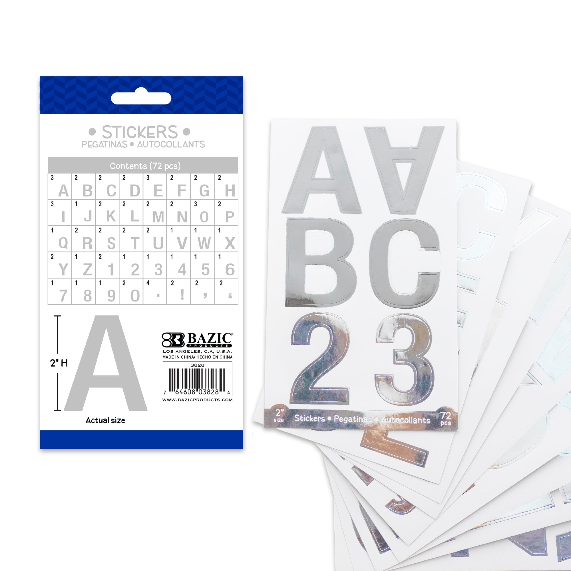 Silver Metallic Alphabet and Number Stickers, 2 in, 72 Pack