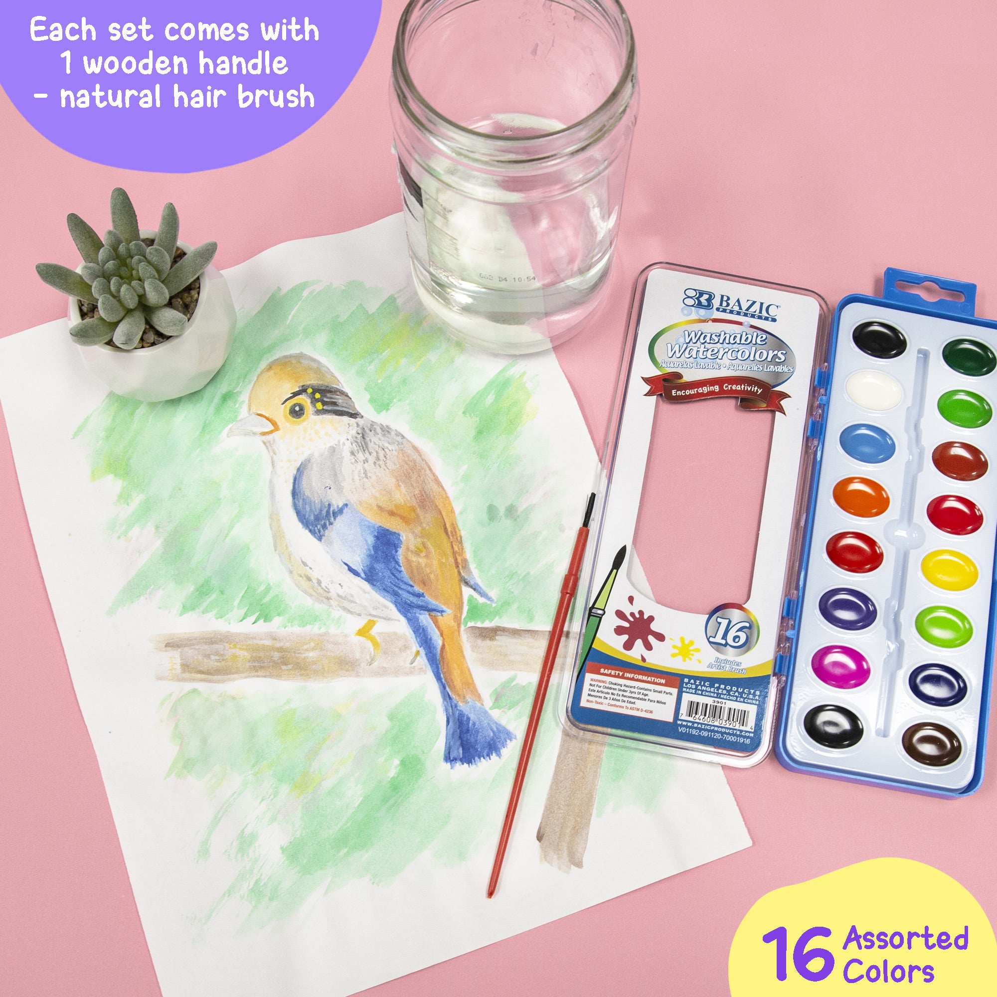 Washable Watercolor Paint Set, 16 Colors, Brush