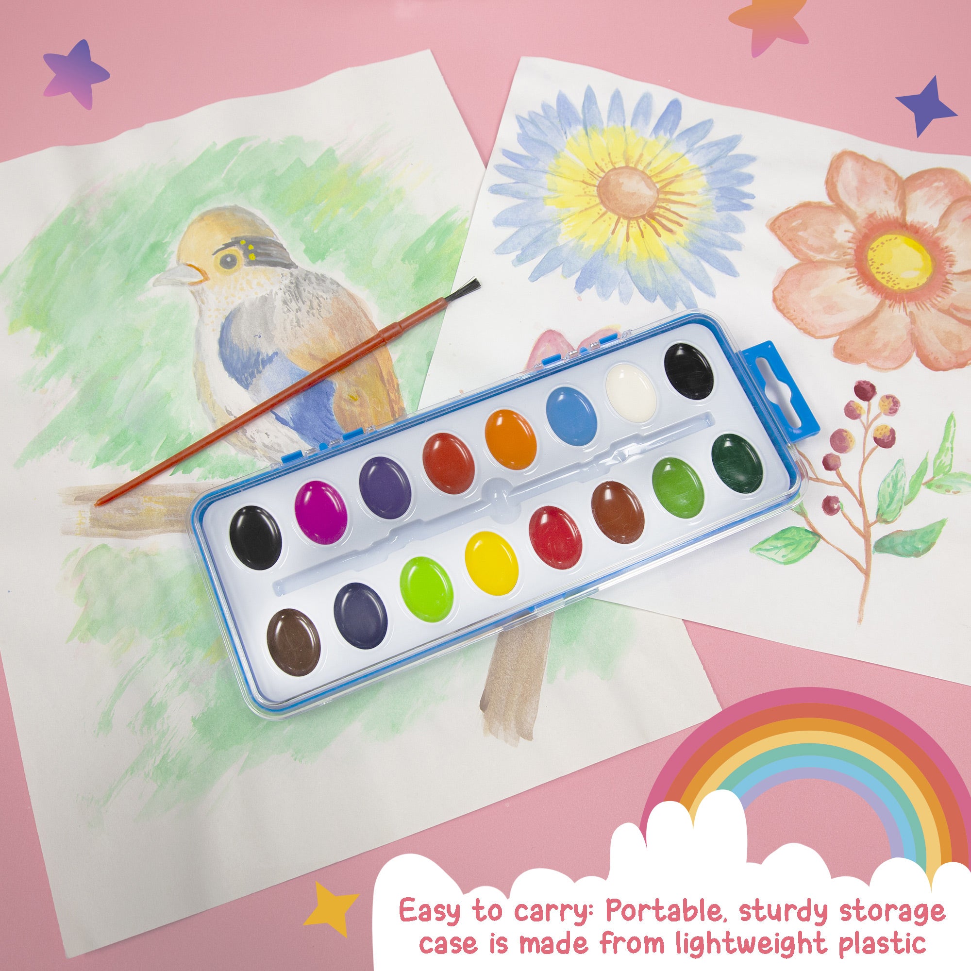 16 Color Watercolor Set, with Brush, for Kids School Art