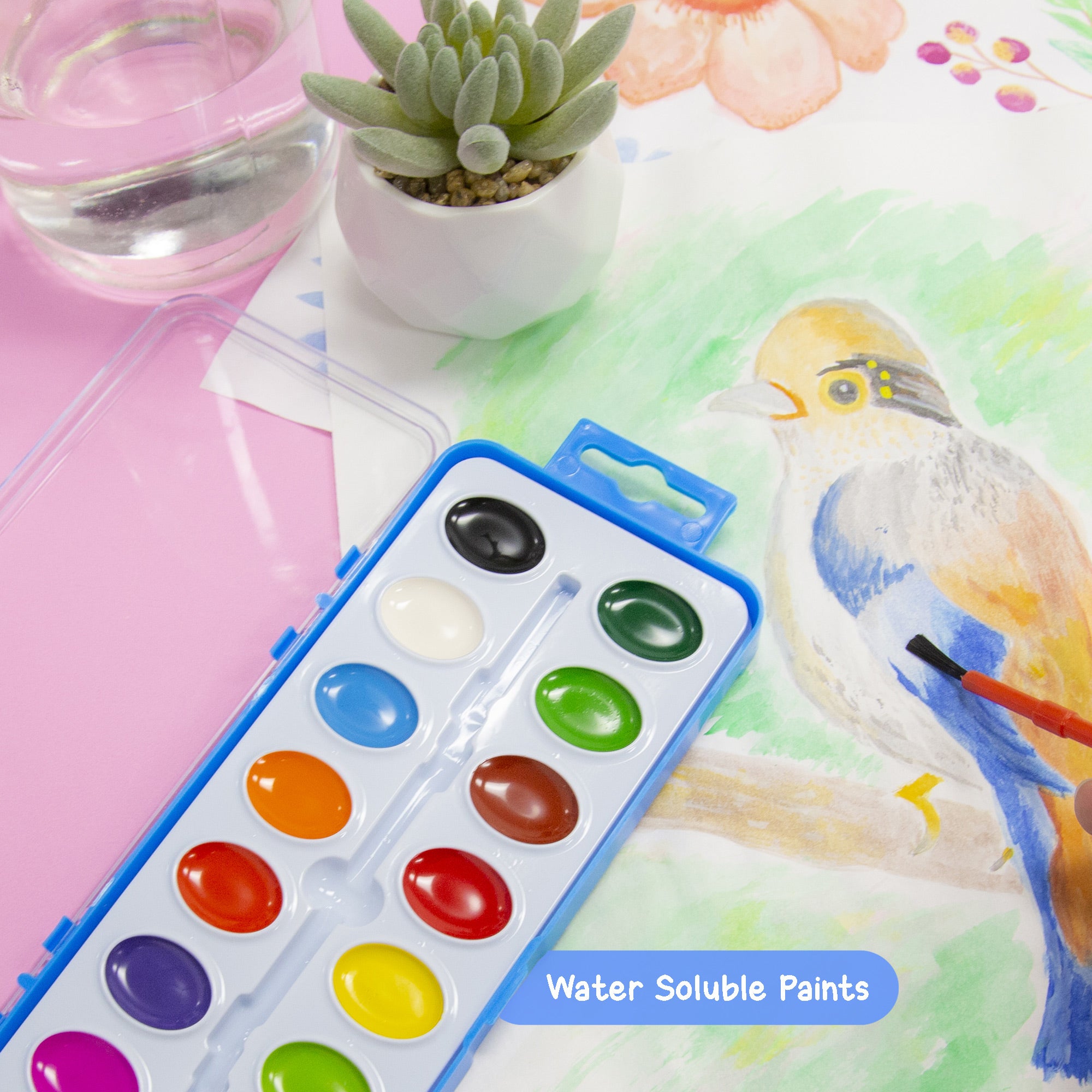 16 Color Watercolor Set, with Brush, for Kids School Art