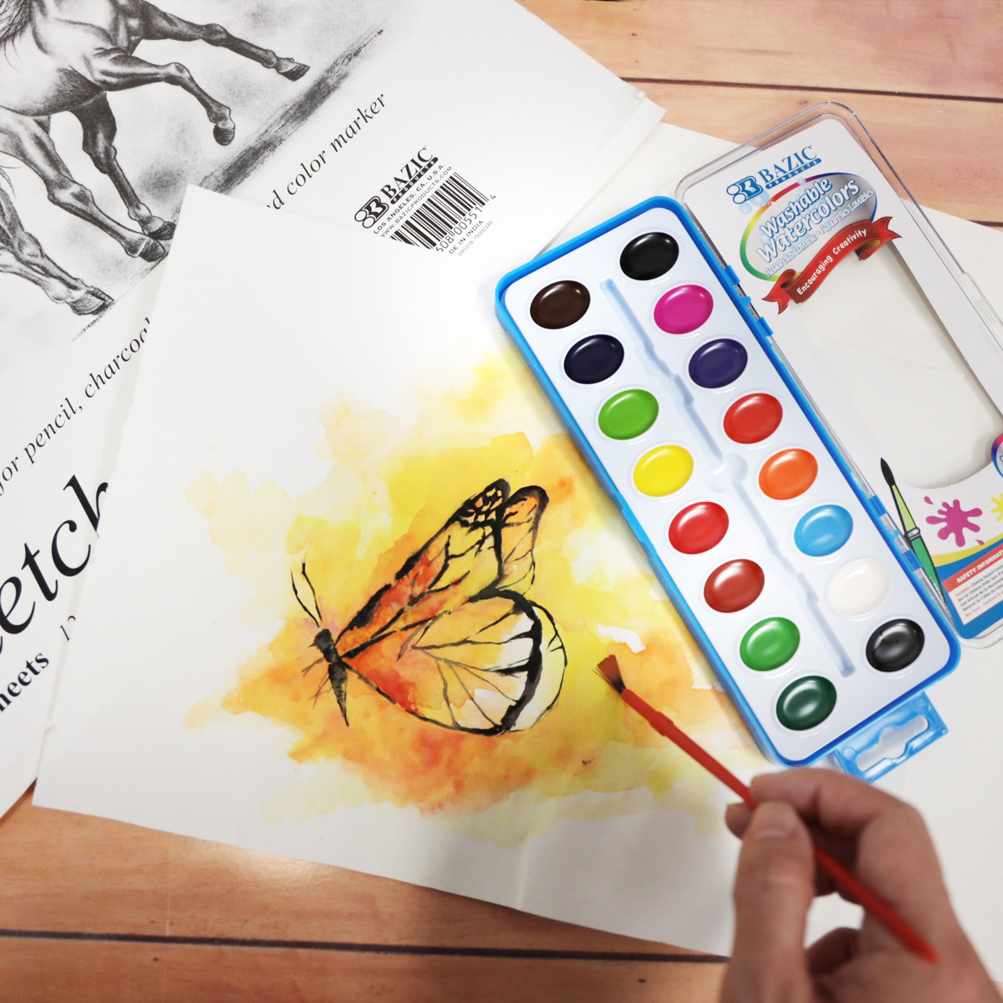 16 Color Watercolor Set, with Brush, for Kids School Art