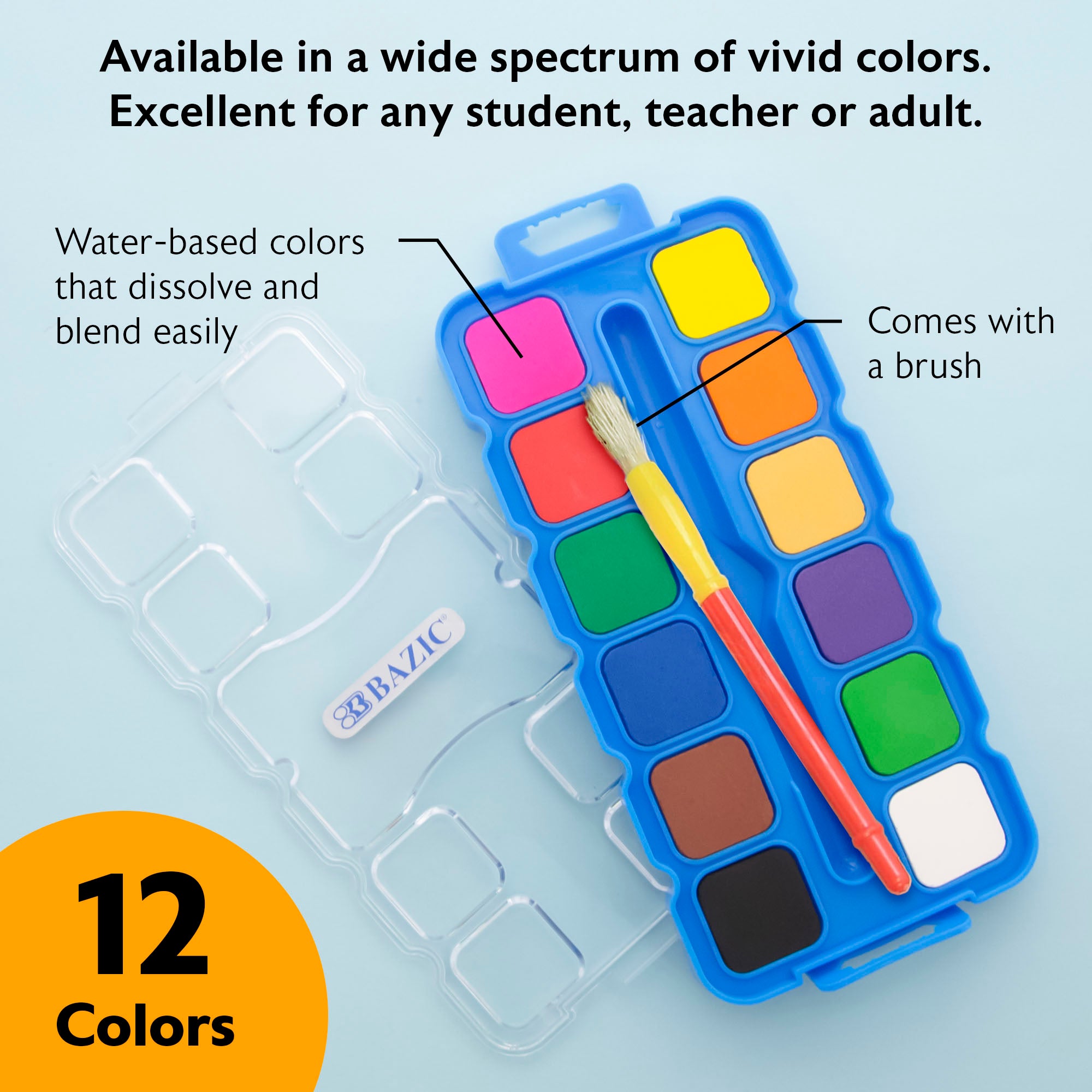 Watercolor Paint Set, 12 Colors, Washable, with Brush