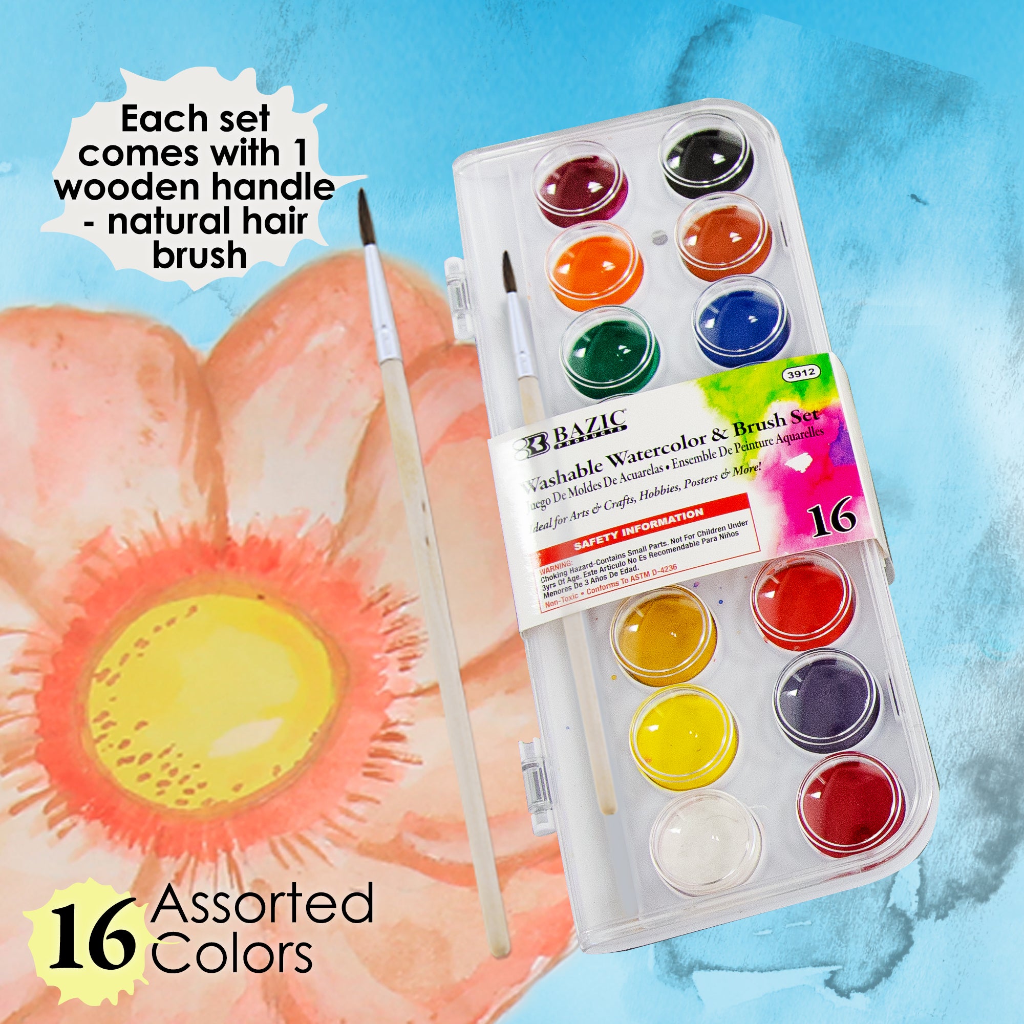 Washable Watercolor Paint Set, 16 Colors with Brush