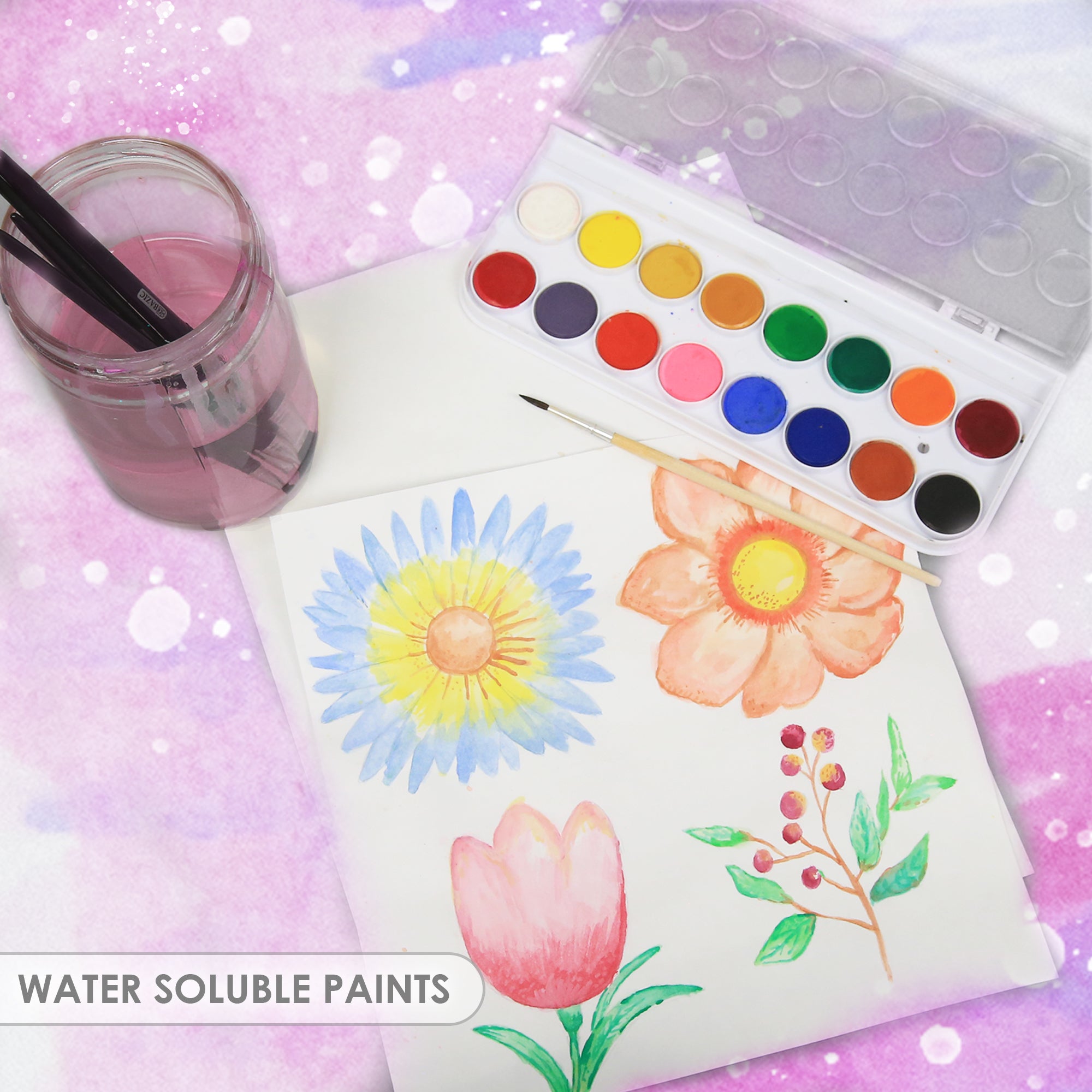 16 Color Watercolor Set, with Brush, for Kids School Art