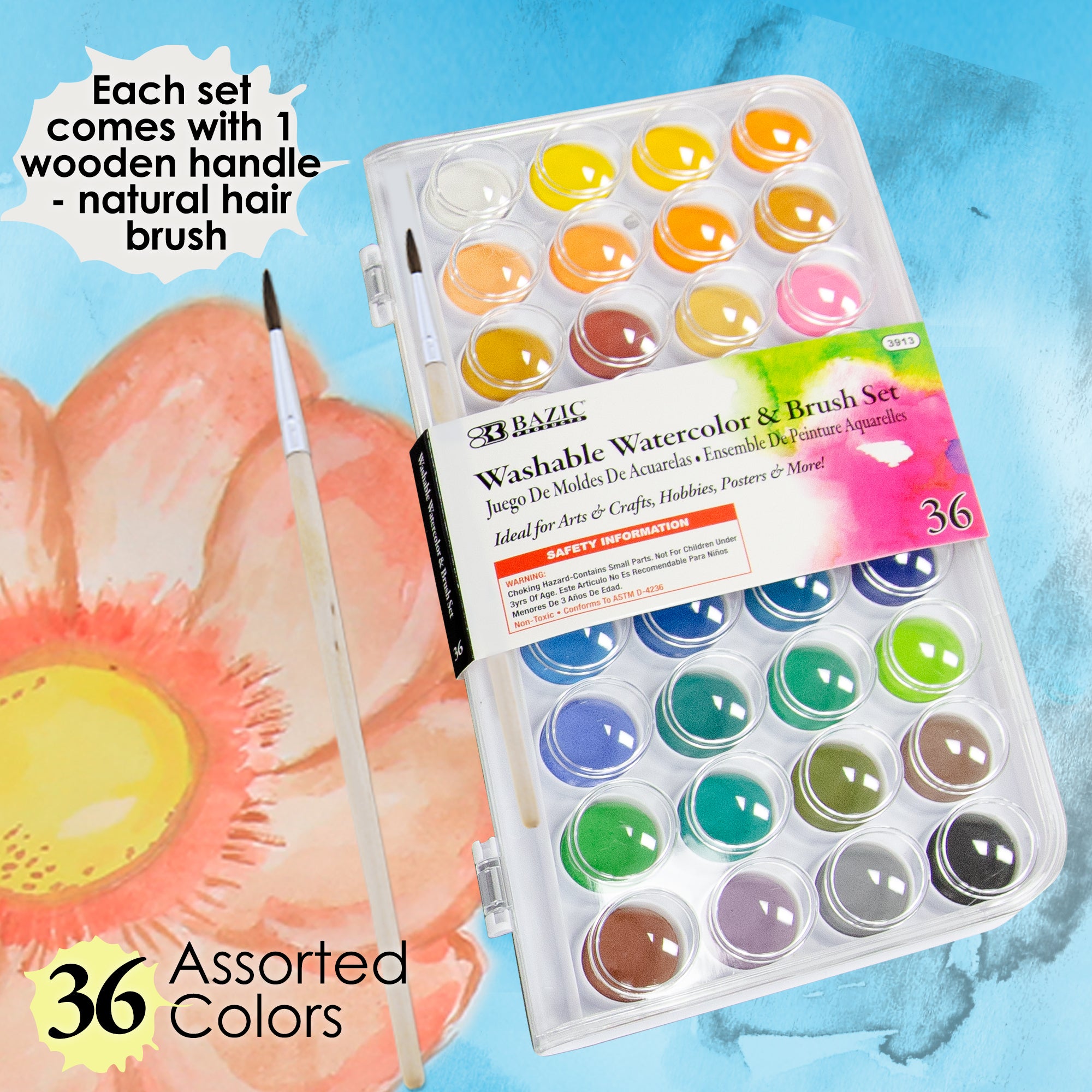 36 Color Watercolor Set, with Brush, for Kids School Art