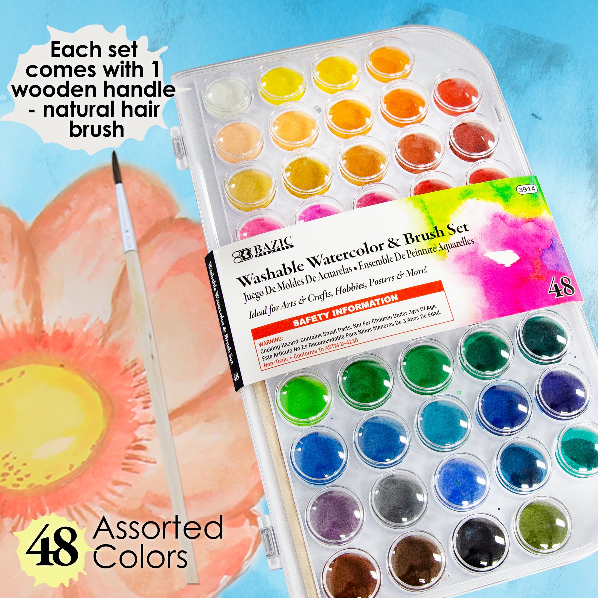 48 Color Watercolor Set, with Brush, for Kids School Art