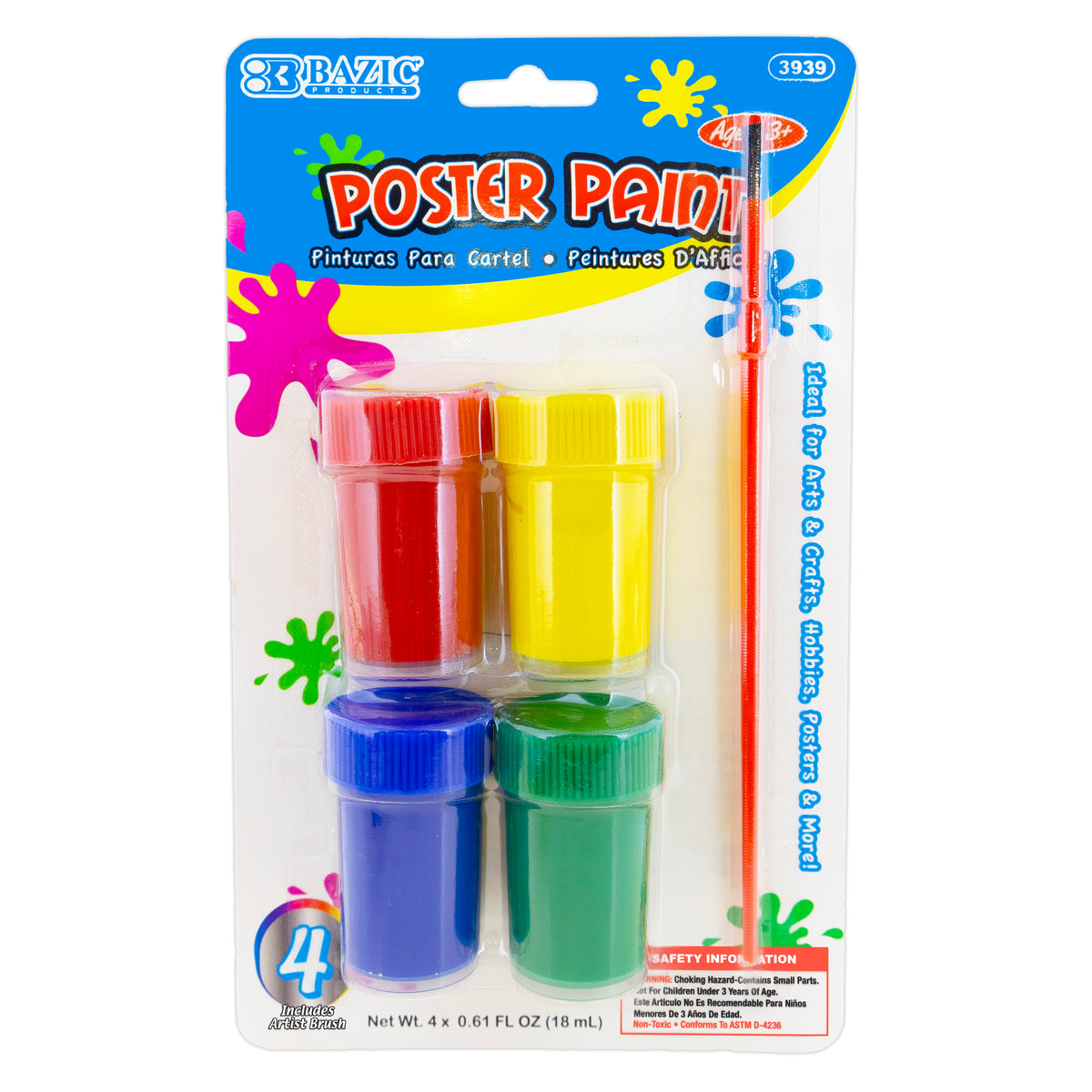 BAZIC 4-Color Poster Paint Set with Brush