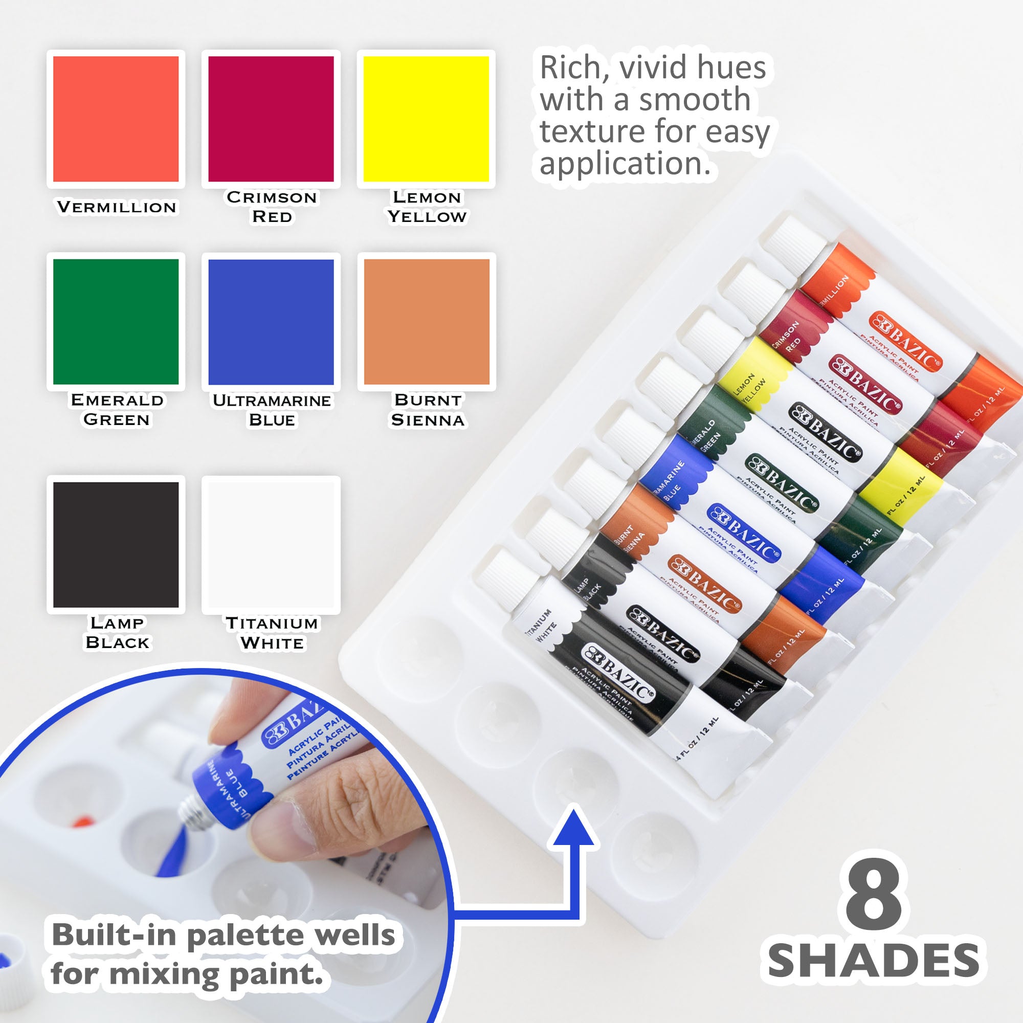 8 Color Acrylic Paint, 0.4 fl oz Each, Built-In Palette Tray