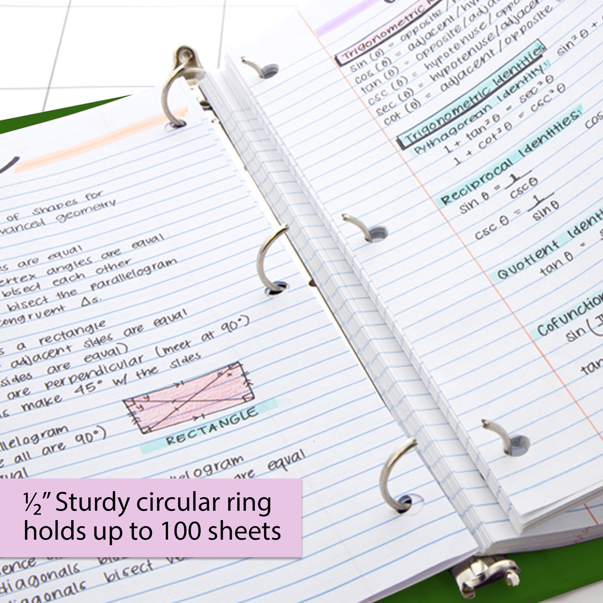 1/2 in Green 3-Ring View Binder, 2 Pockets