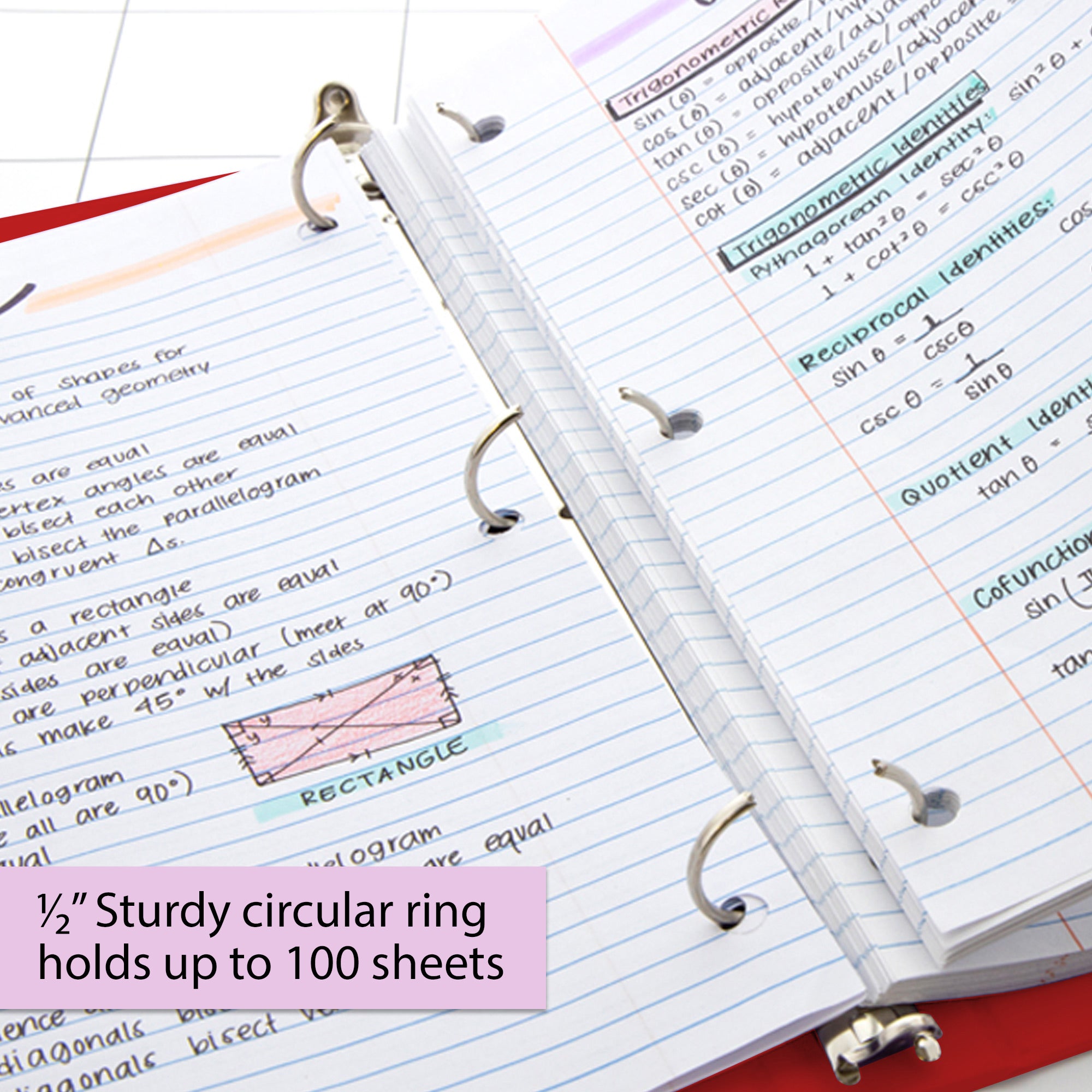 1/2 in Red 3-Ring View Binder, 2 Pockets, 100 Sheet Capacity