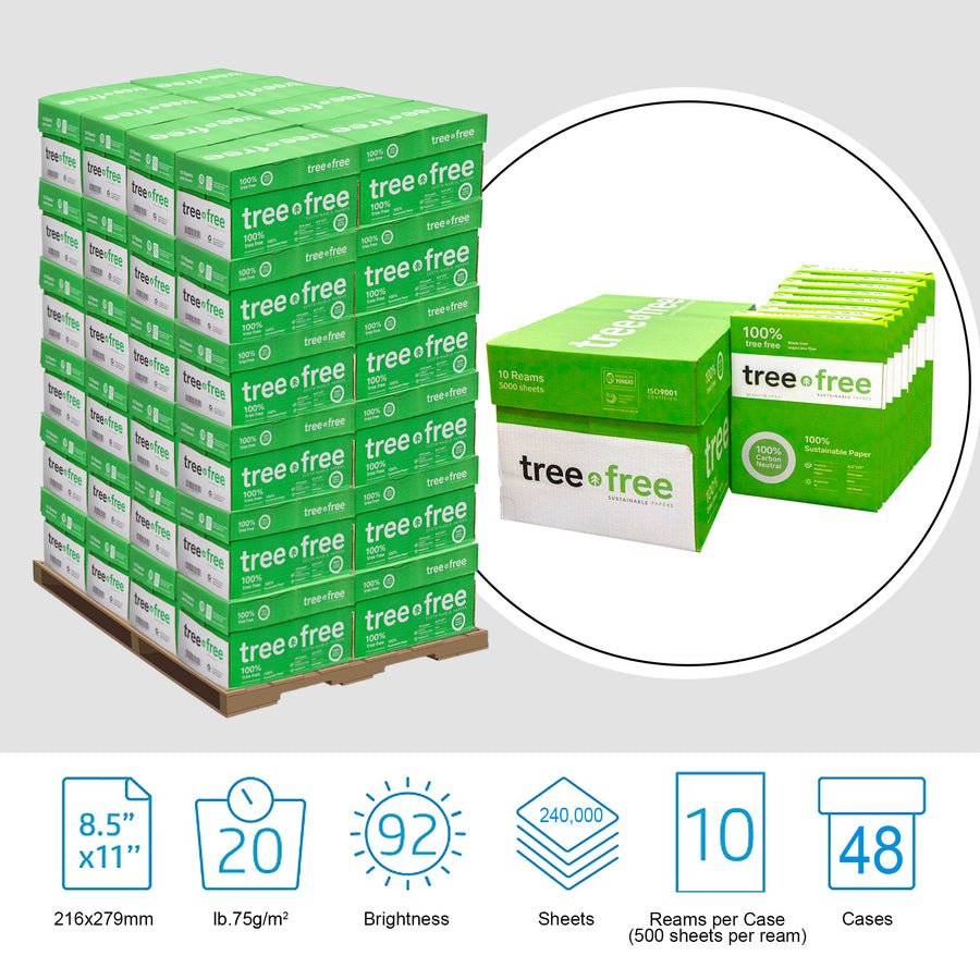 TREE FREE (92) 8.5" X 11" White Copy Paper 240,000 Sheets (48 Cases/Pallet)
