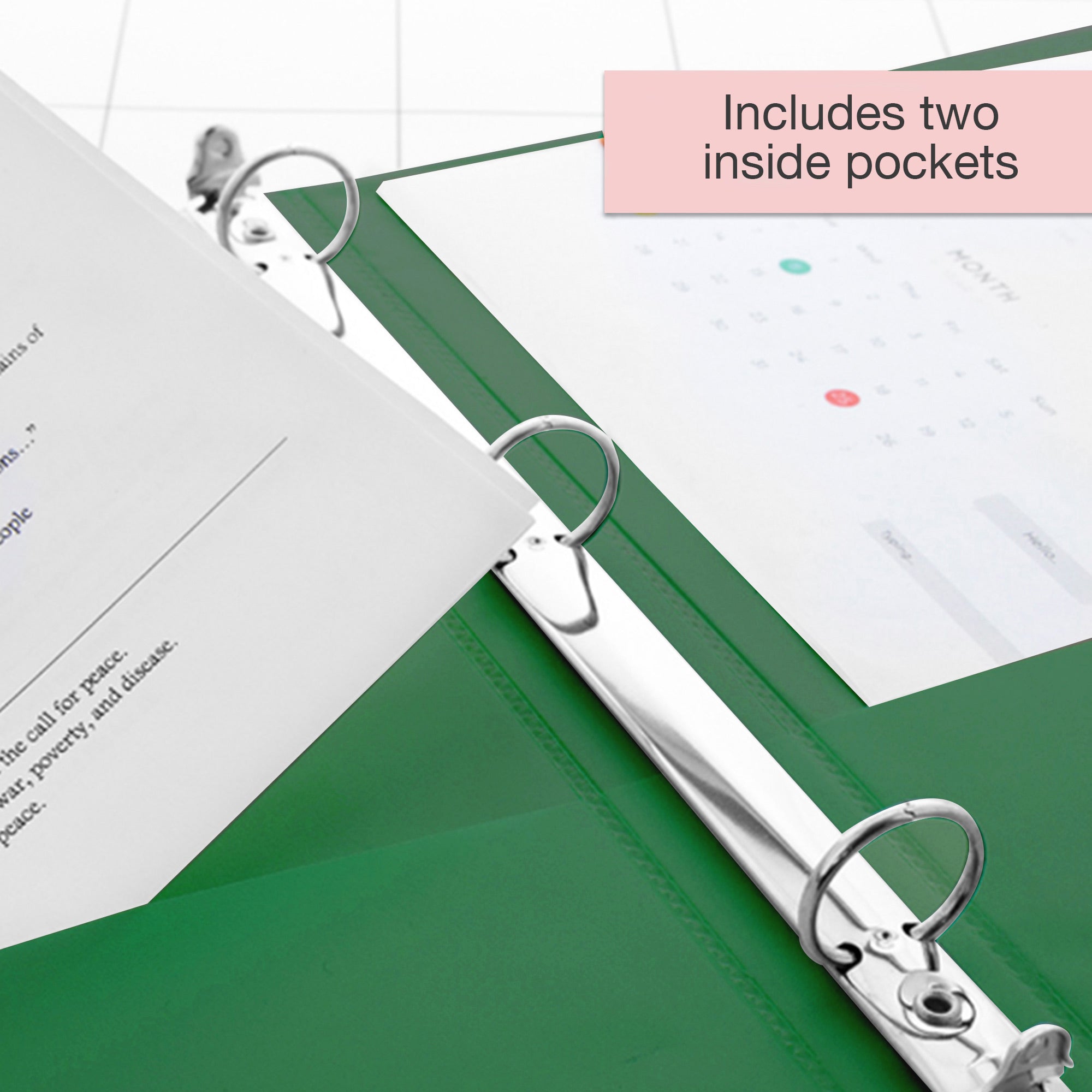 1.5 in Green 3-Ring View Binder, 2 Pockets