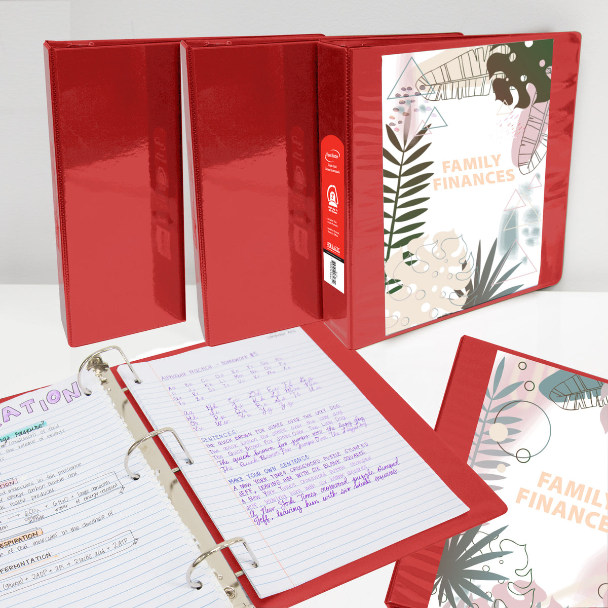 Red binders shown upright and open, with clear cover inserts labeled Family finances and three rings holding lined notes.