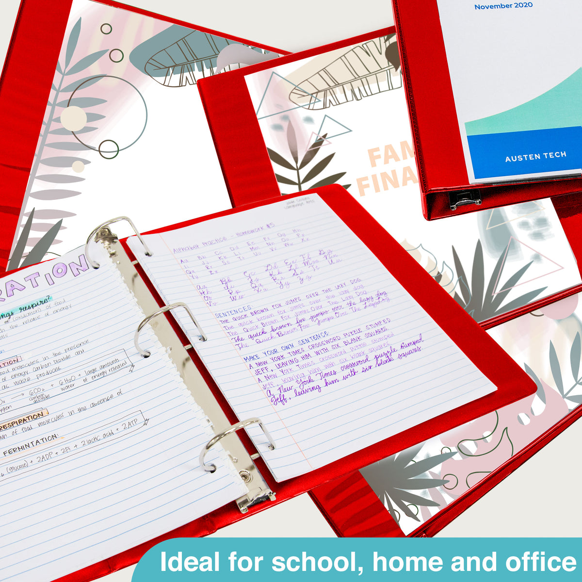 Red binders with custom cover inserts and an open binder holding notes. Ideal for school, home and office.