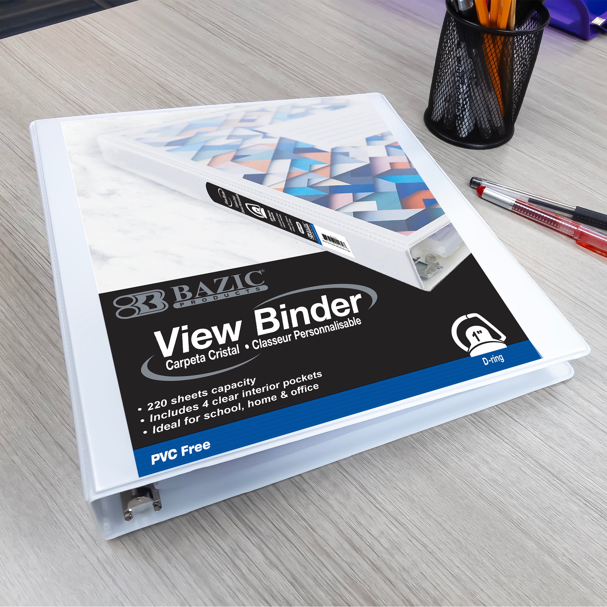 1" White PVC-Free Slant-D Ring View Binder w/ 4-Pockets