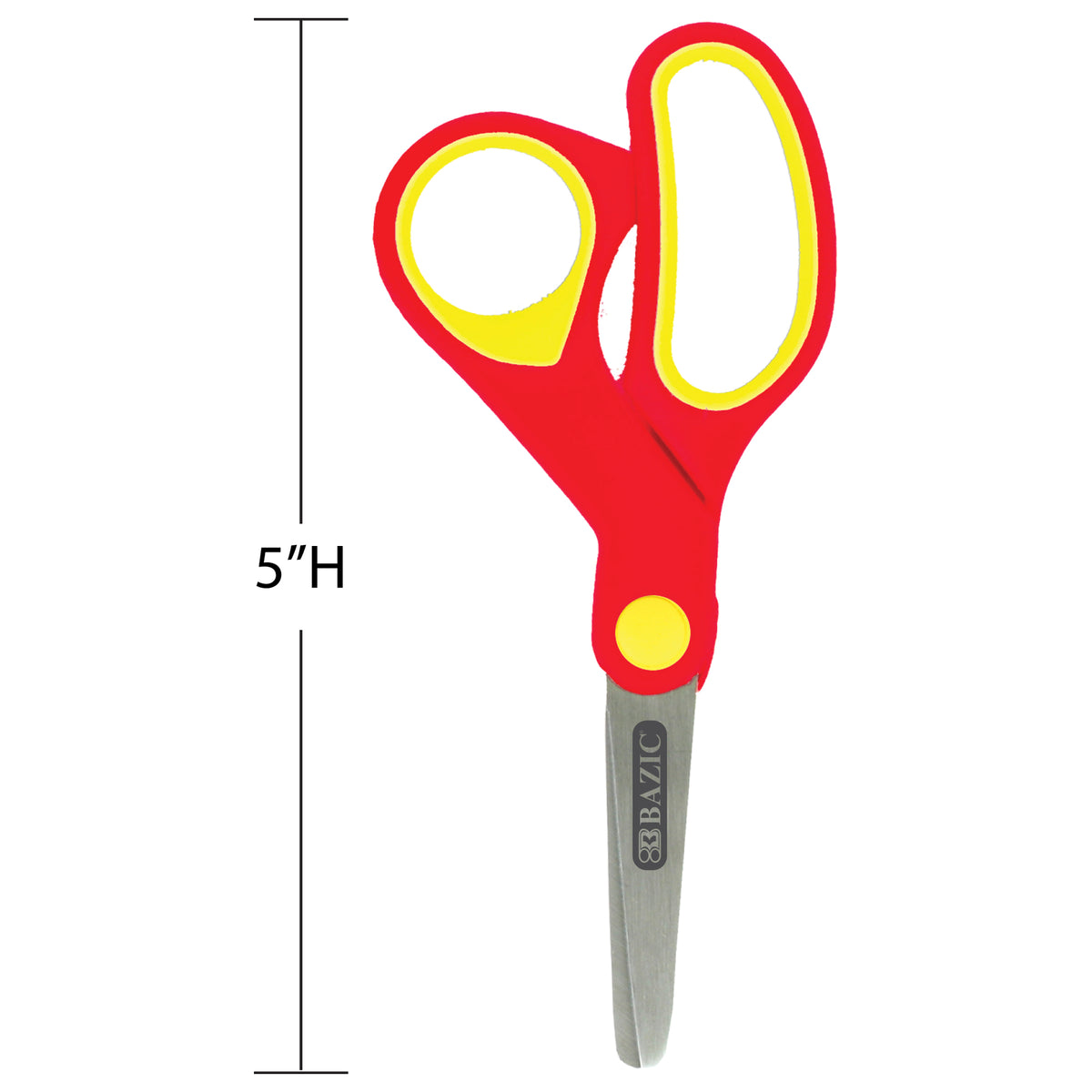 Scissors with red handles, yellow grip lining and blunt silver blades, measuring 5 inches long.