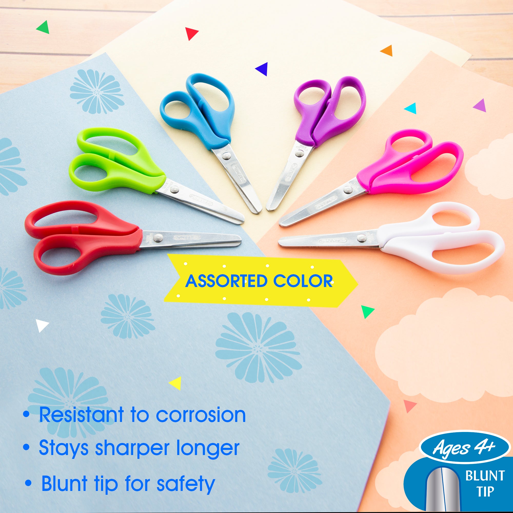 Kids Scissors 5 inch Blunt tip Scissors, Safety scissors 4 Assorted Colors  Kid craft scissors with Stainless steel Ruled Right and left handed 12 Pack