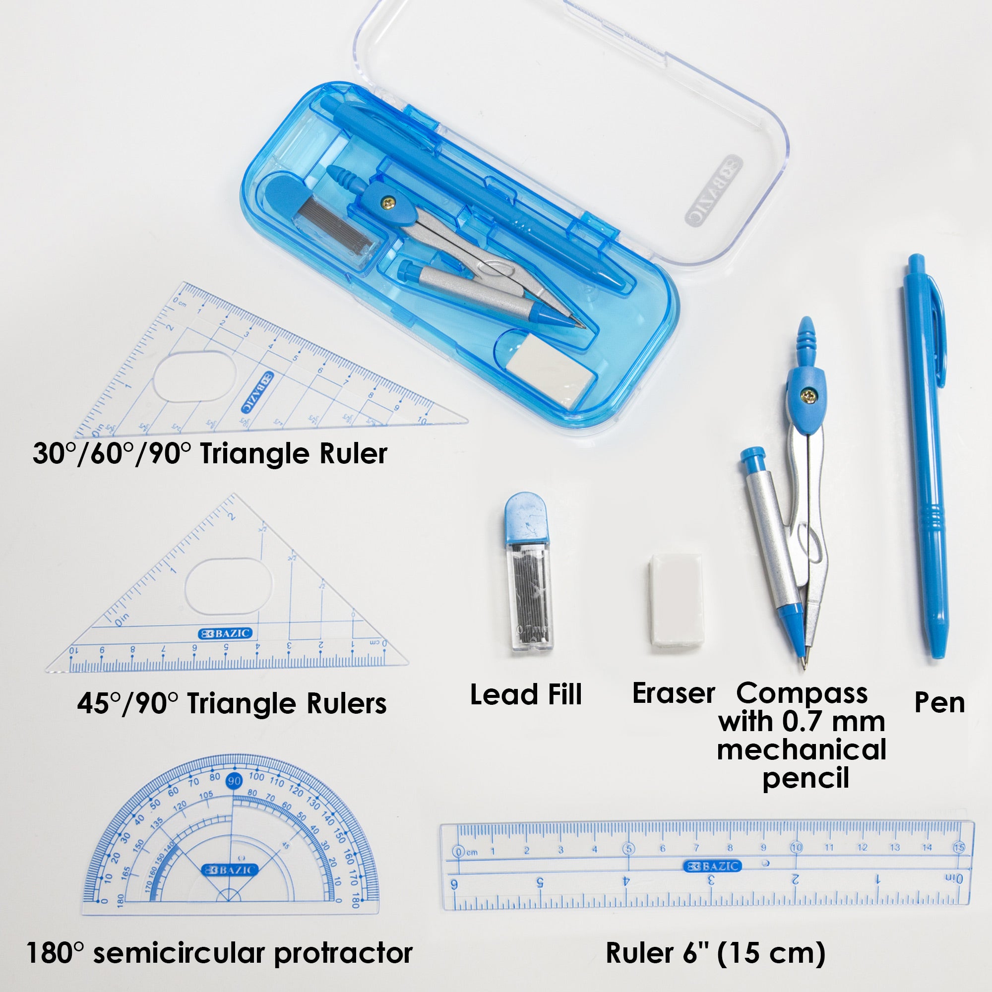 9-Piece Geometry Math Set, Ruler Protractor Compass