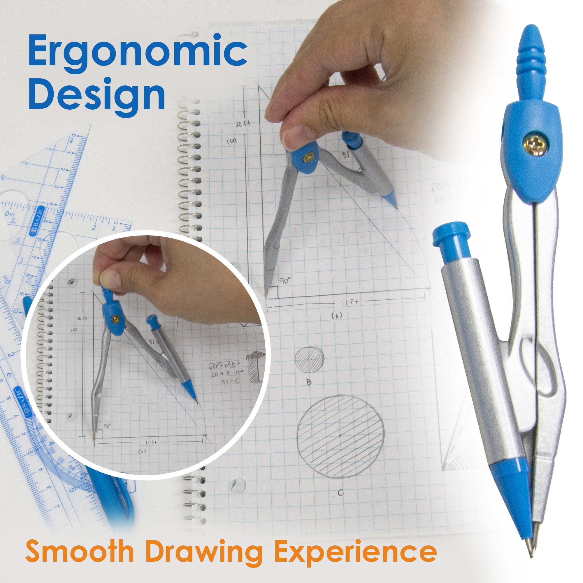 9-Piece Geometry Math Set, Ruler Protractor Compass