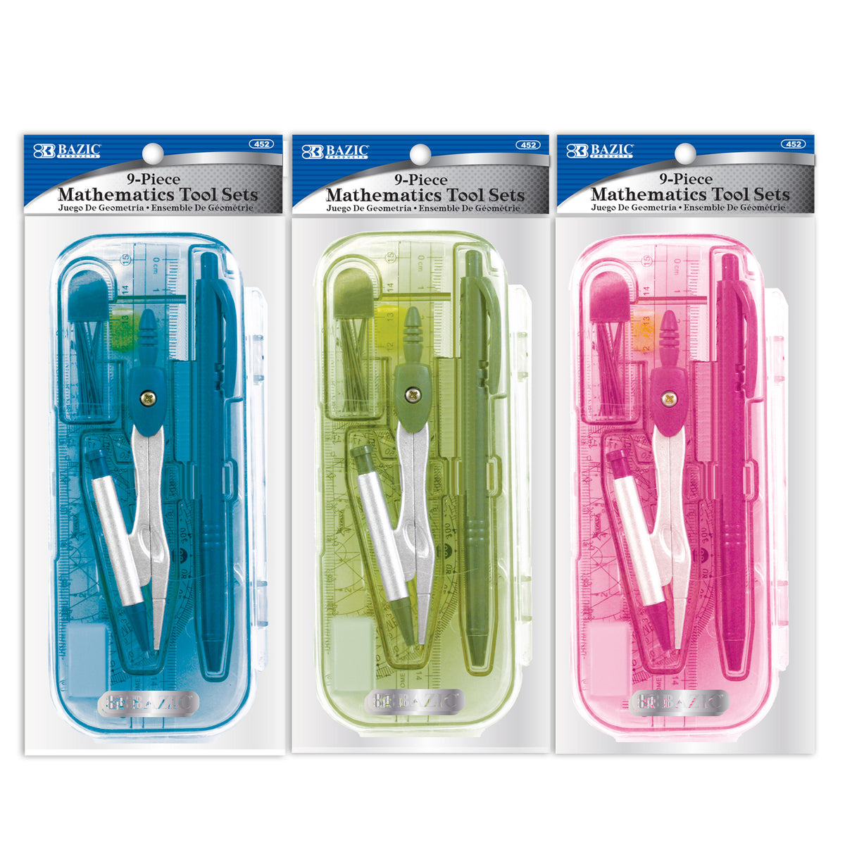 BAZIC Bright Color 9-Piece Math Geometry Set with Compass