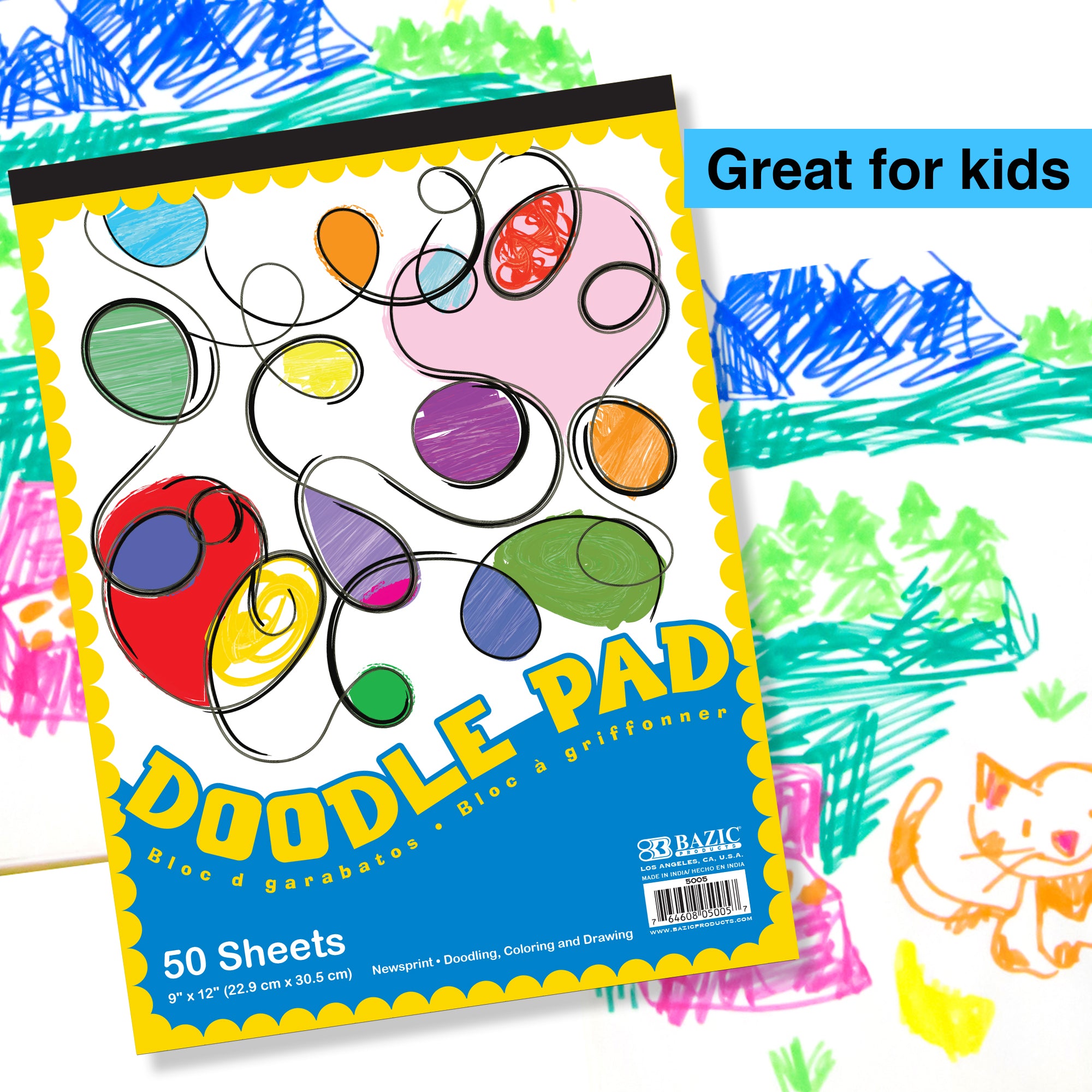 Doodle Pad, 9 x 12 in, 50 Sheets, for Kids Drawing Sketching