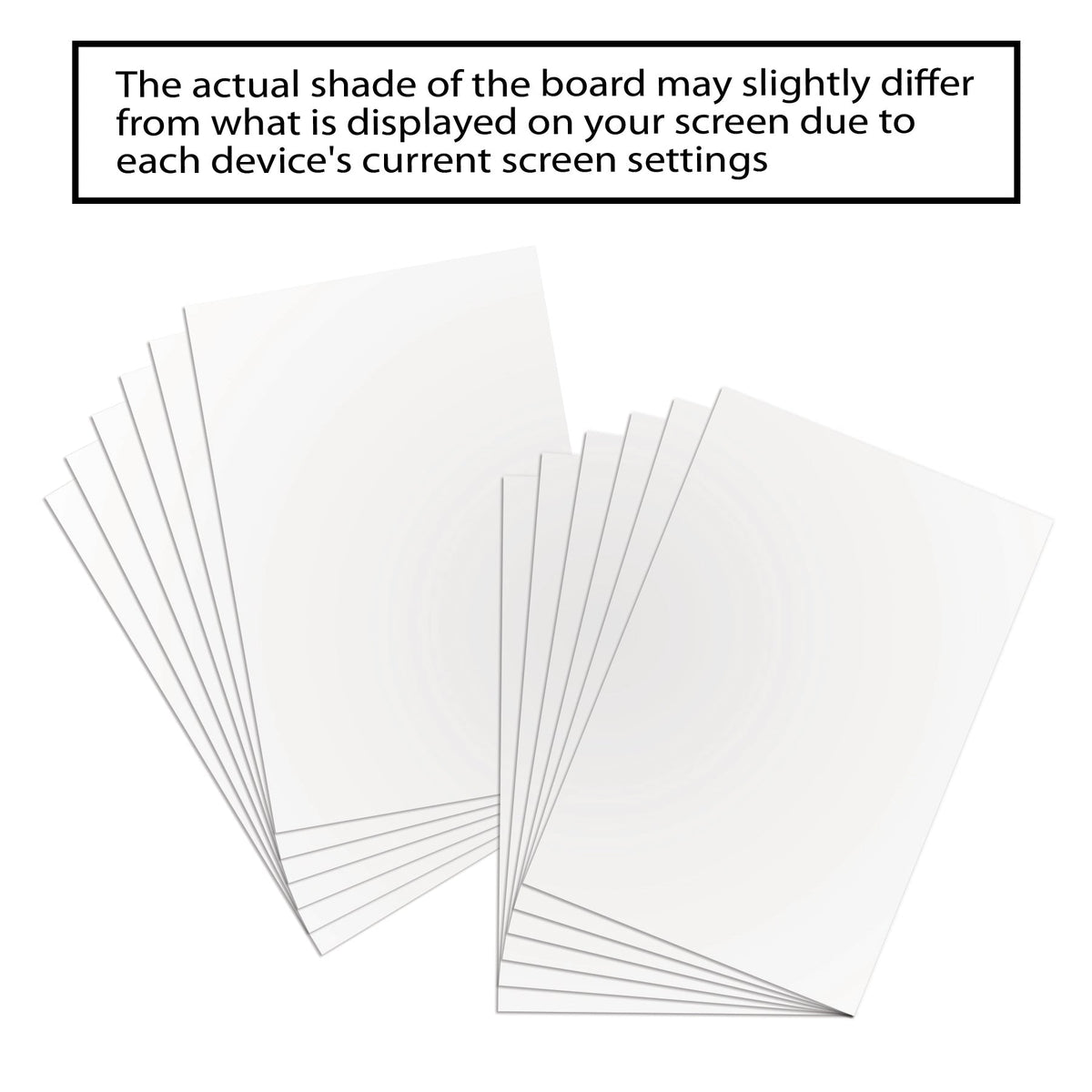 Fanned white boards with a note: actual board shade may differ slightly from the screen due to device settings.