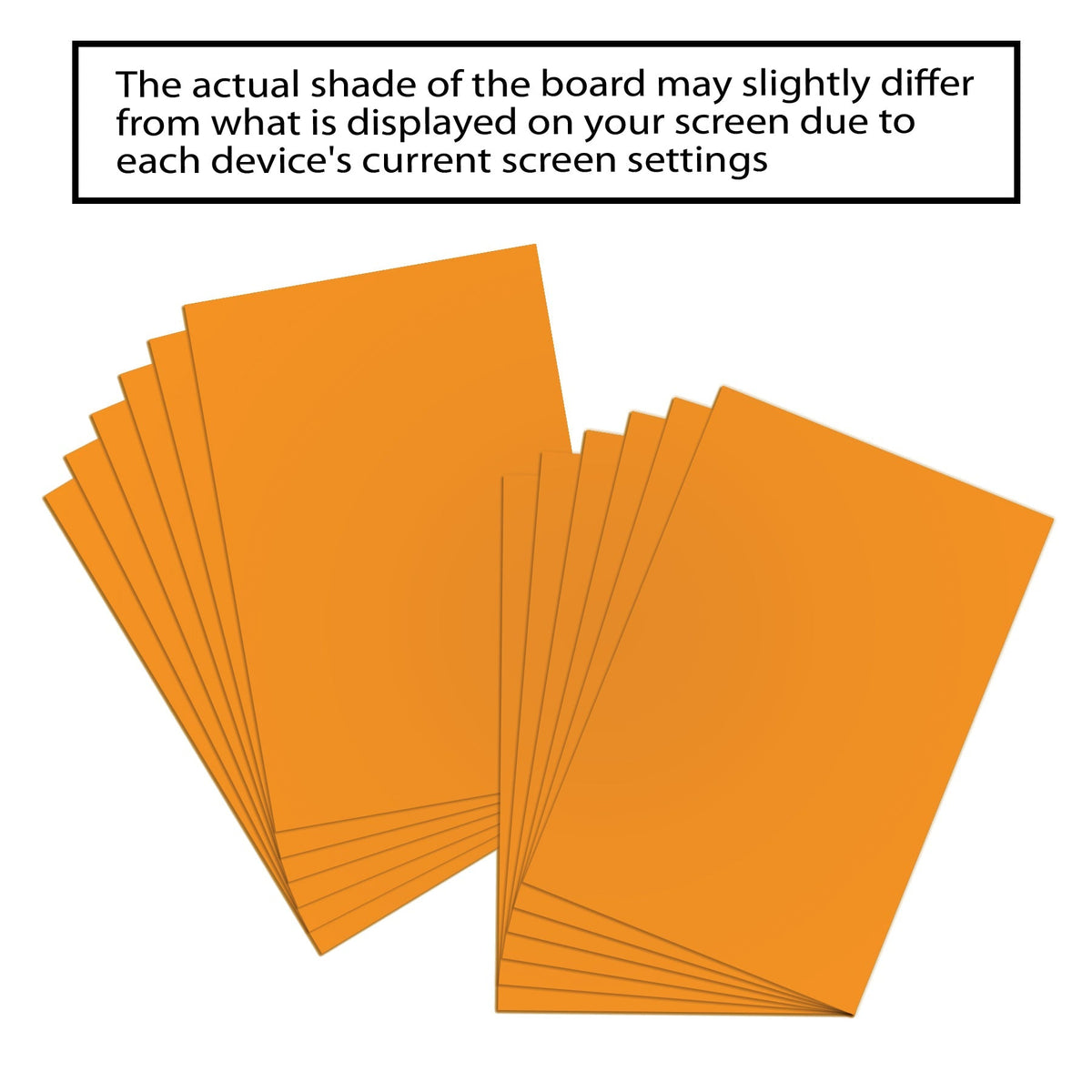 Fanned orange boards with a notice: actual shade may differ slightly from screen display due to device screen settings.