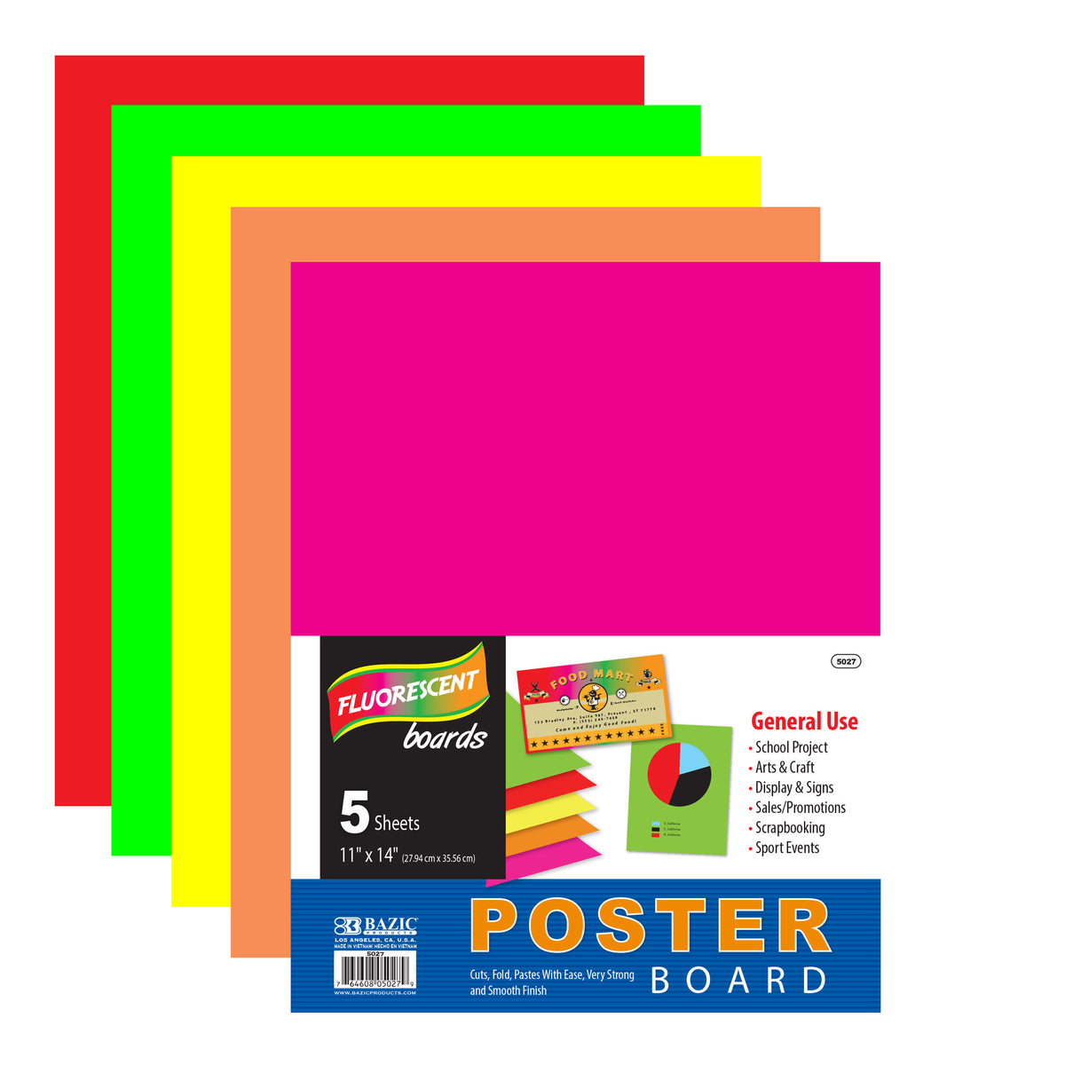 BAZIC Assorted Fluorescent Color Poster Board, 11 x 14 in