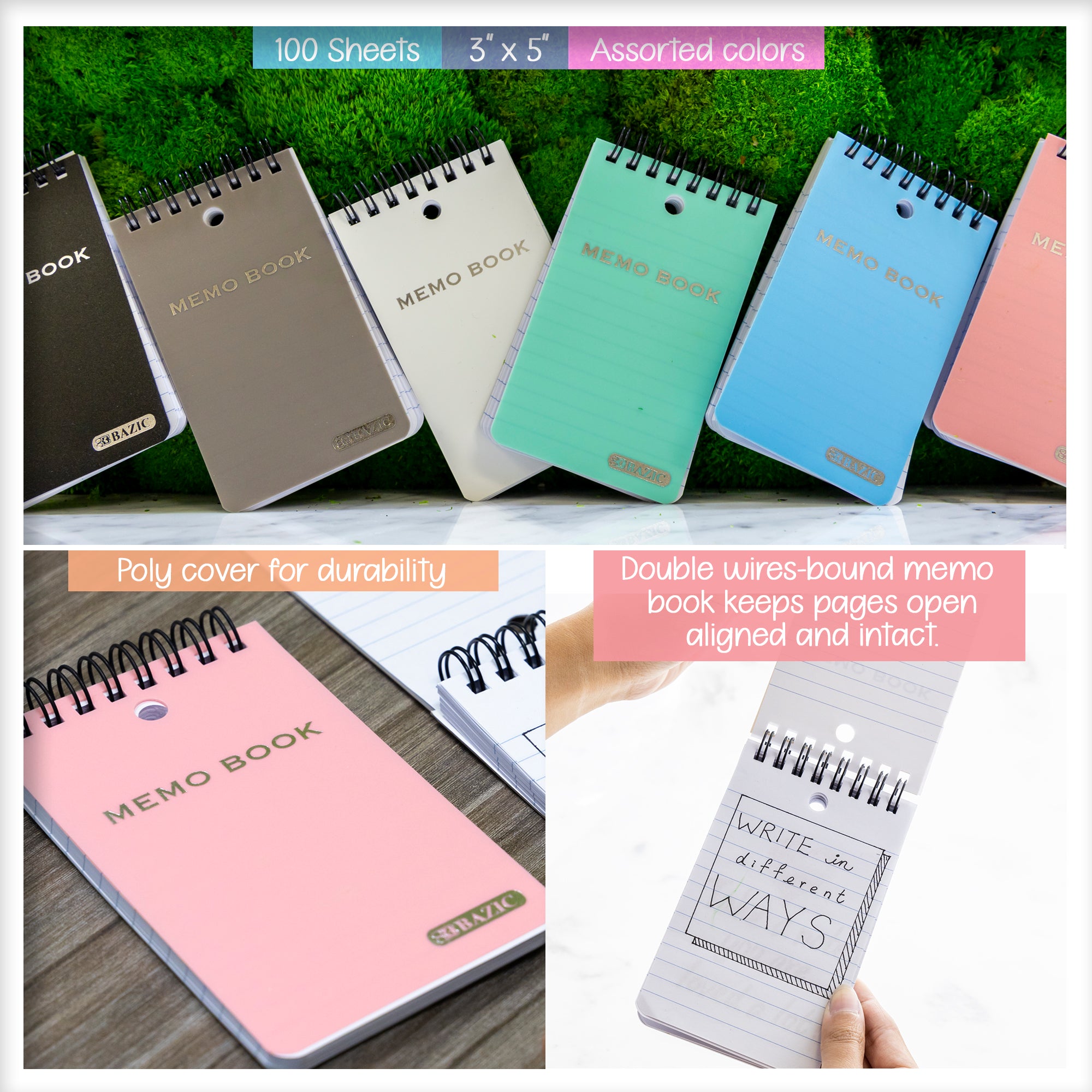 Double-Wire Poly Memo Book, 3 x 5 in