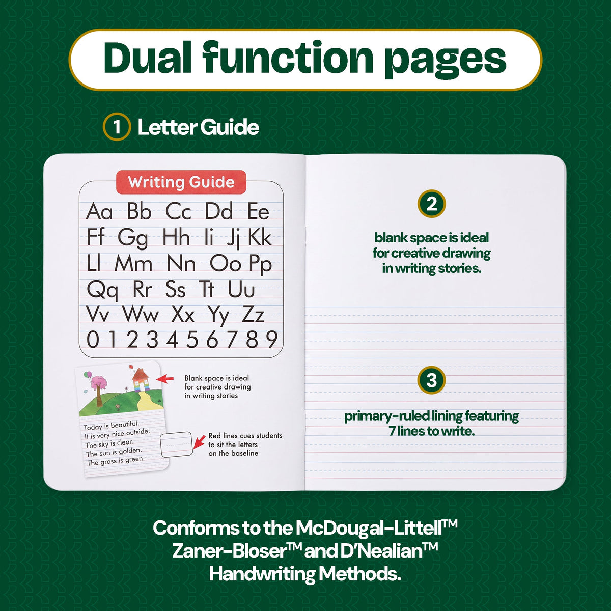 Dual-function pages with a letter guide, blank drawing space and 7 primary-ruled writing lines with red baselines.