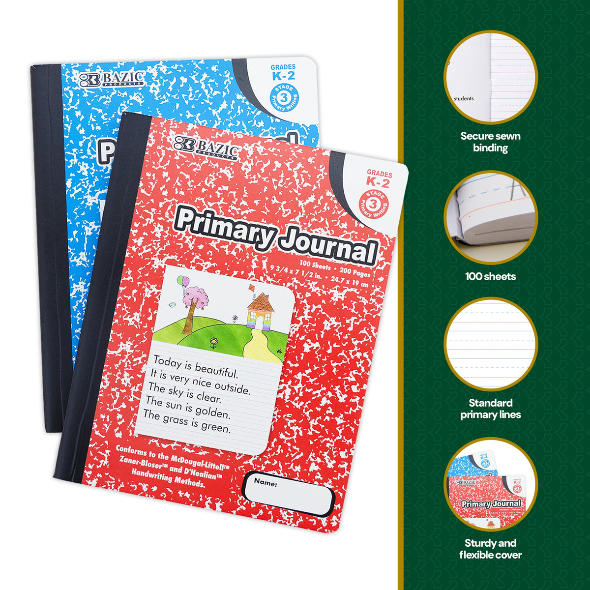K–2 journals: 100 sheets/200 pages, 9¾ × 7½ in., sewn binding, primary lines, sturdy flexible red and blue covers.