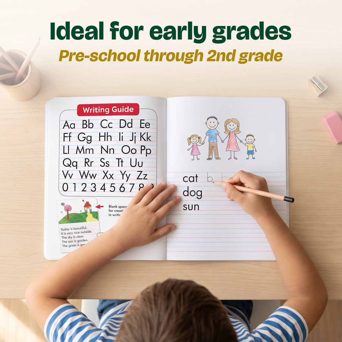 Child writes below a drawing beside an alphabet guide; ideal for early grades, preschool through 2nd grade.