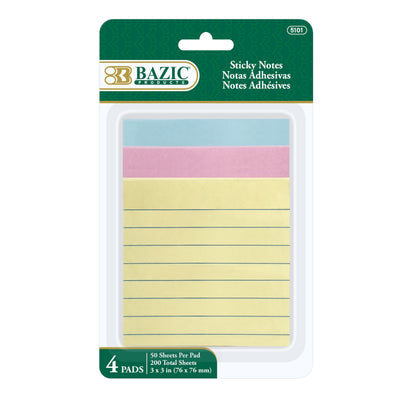 Lined Sticky Notes, 3" x 3", 4 Pads, 200 Sheets