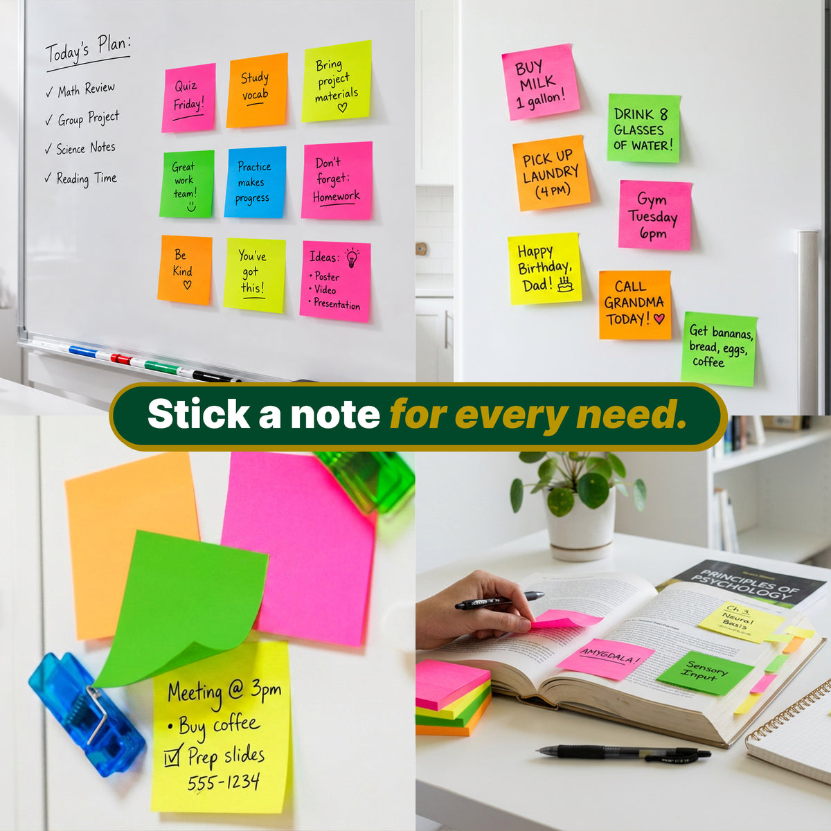 Neon Sticky Notes, 3 x 3 in, 40 Sheets, 4 Pads