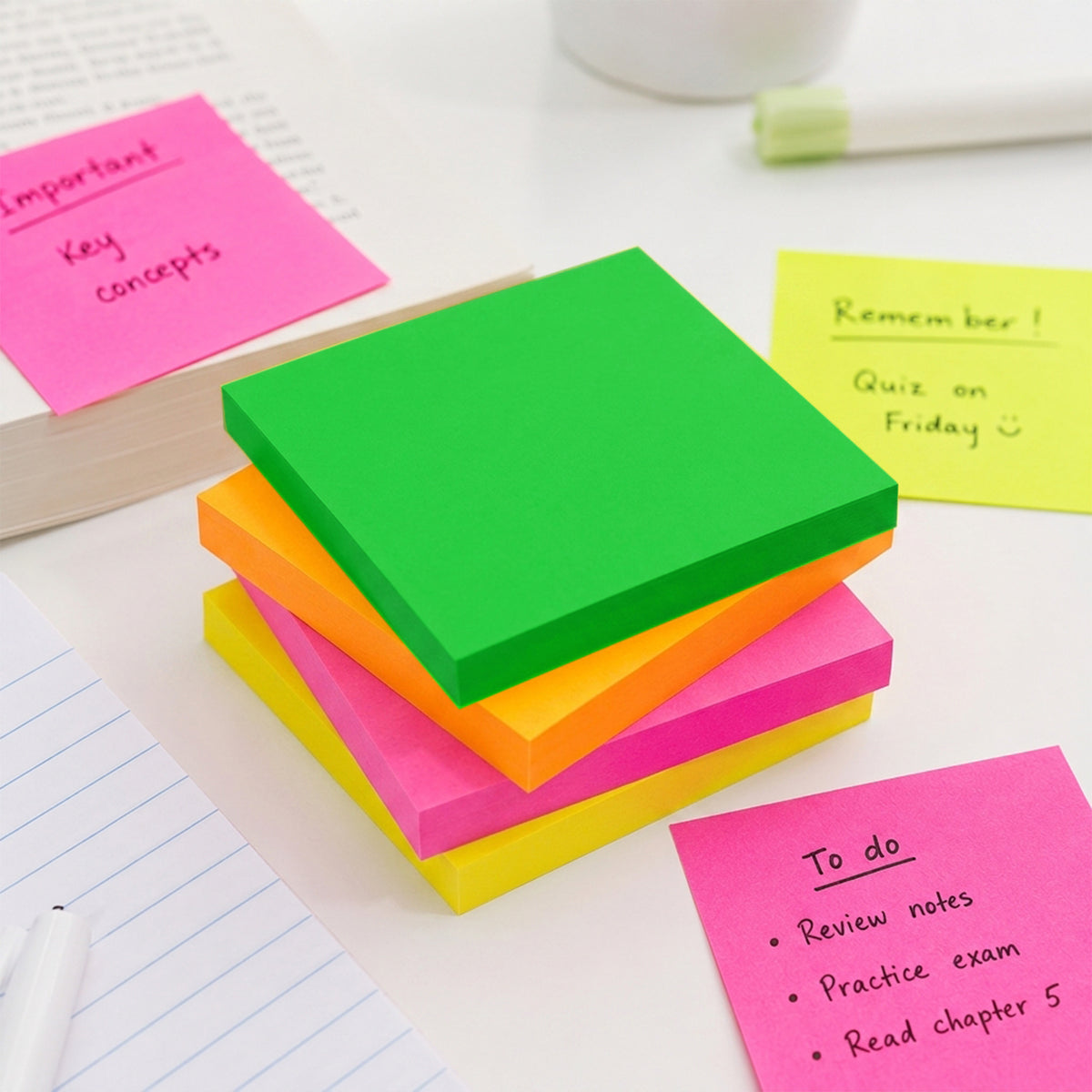 Neon Sticky Notes, 3 x 3 in, 40 Sheets, 4 Pads