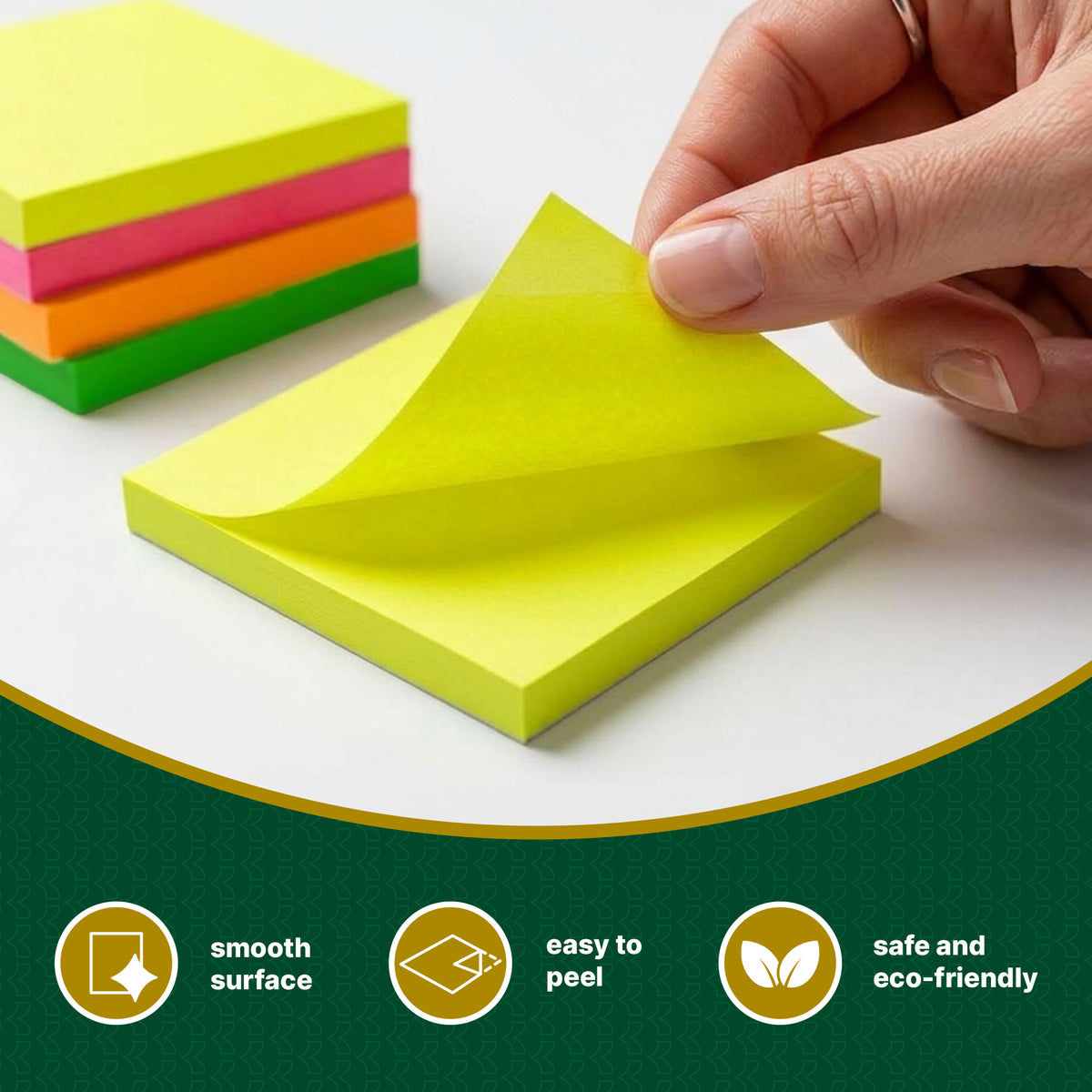 Hand peels a yellow sticky note; yellow, pink, orange and green pads. Smooth surface, easy to peel, safe and eco-friendly.