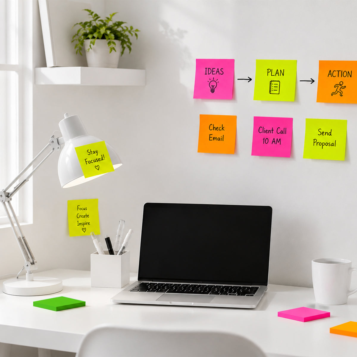 Neon sticky notes display Ideas, Plan, Action and reminders on a wall and lamp, with colorful pads beside a laptop.