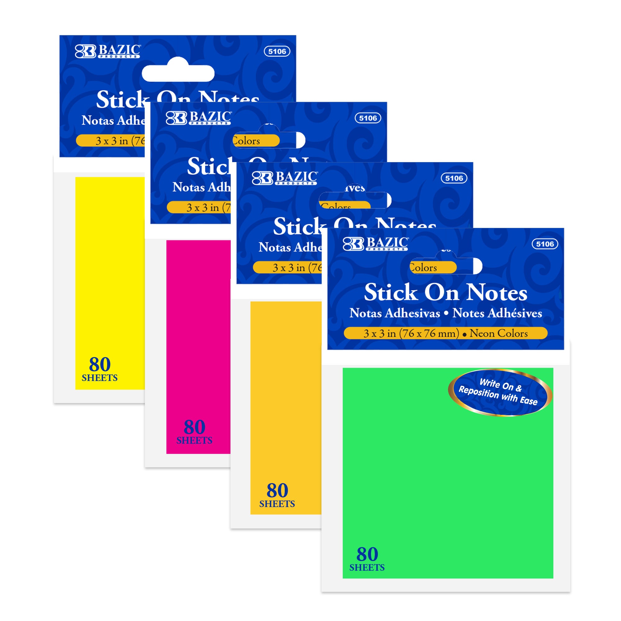 Neon Sticky Notes, 3 x 3 in, 80 Sheets – BAZIC Store