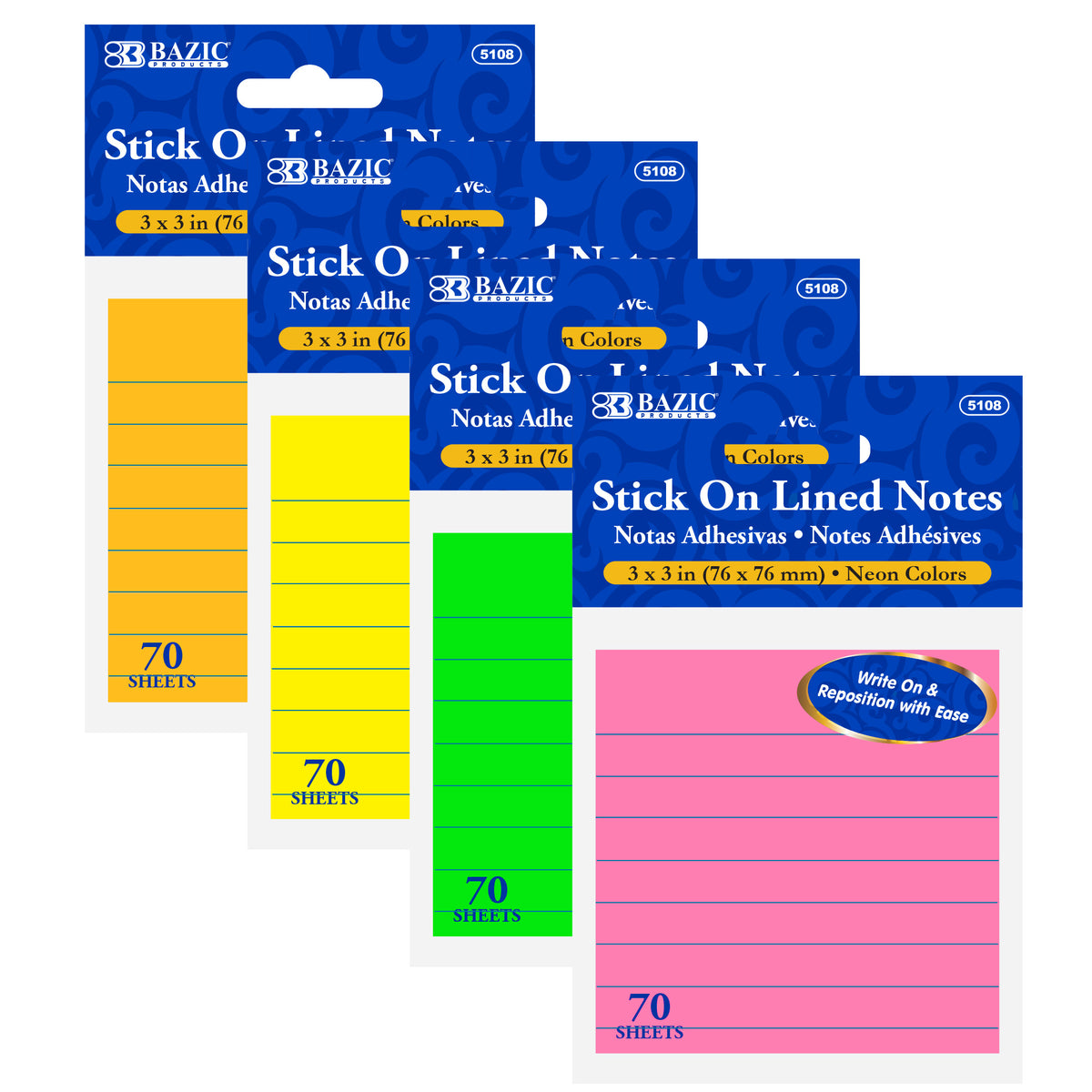 BAZIC Neon Lined Sticky Notes, 3 x 3 in, 70 Sheets