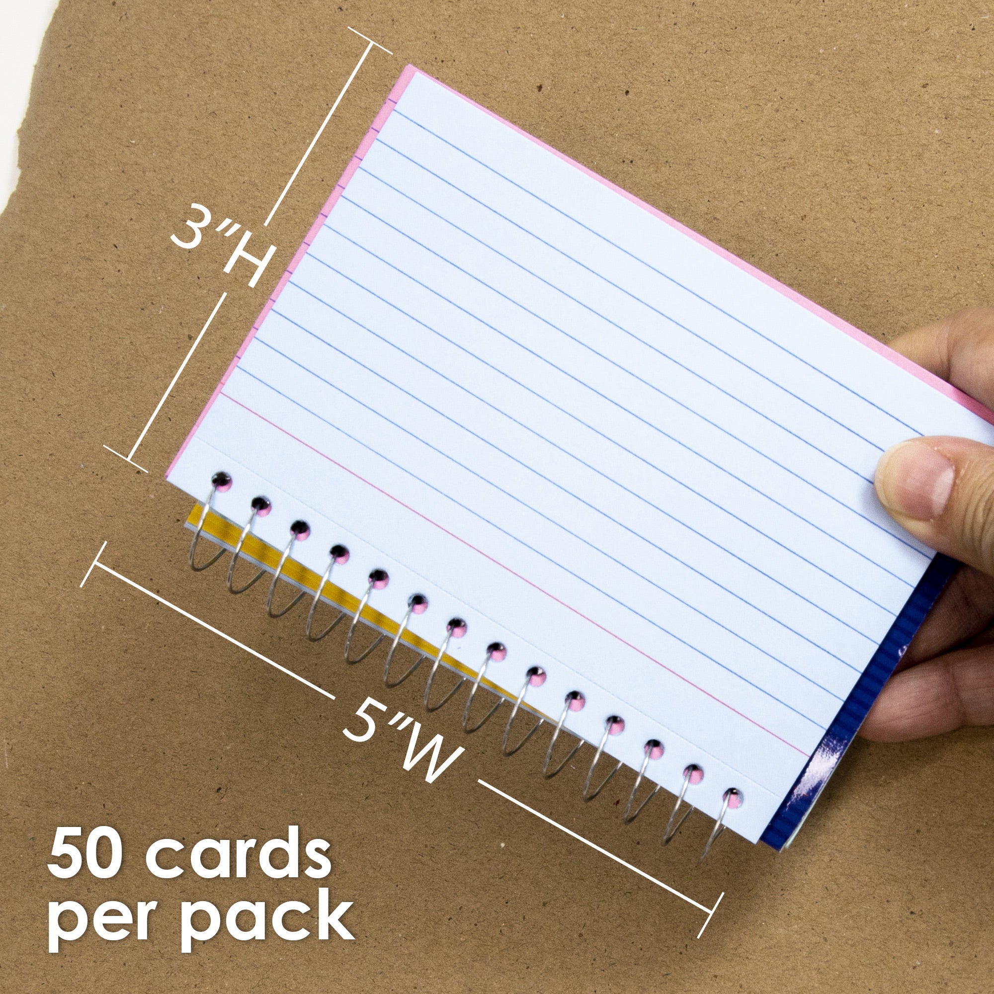 Colorful Index Cards, Spiral Ruled, 3" x 5", 50 Sheets