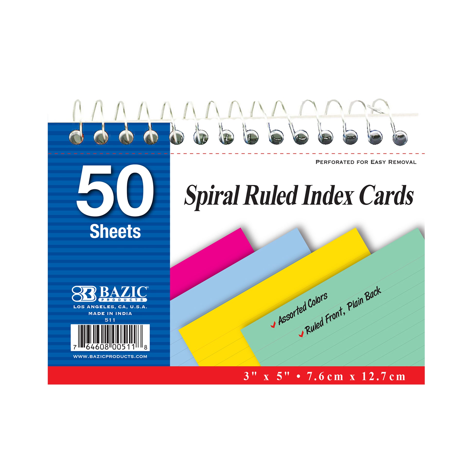 50 Ct. Spiral Bound 3" X 5" Ruled Colored Index Card