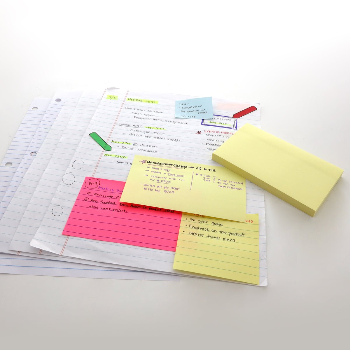 Yellow sticky note pad beside handwritten yellow, pink and blue notes attached to loose-leaf notebook paper.