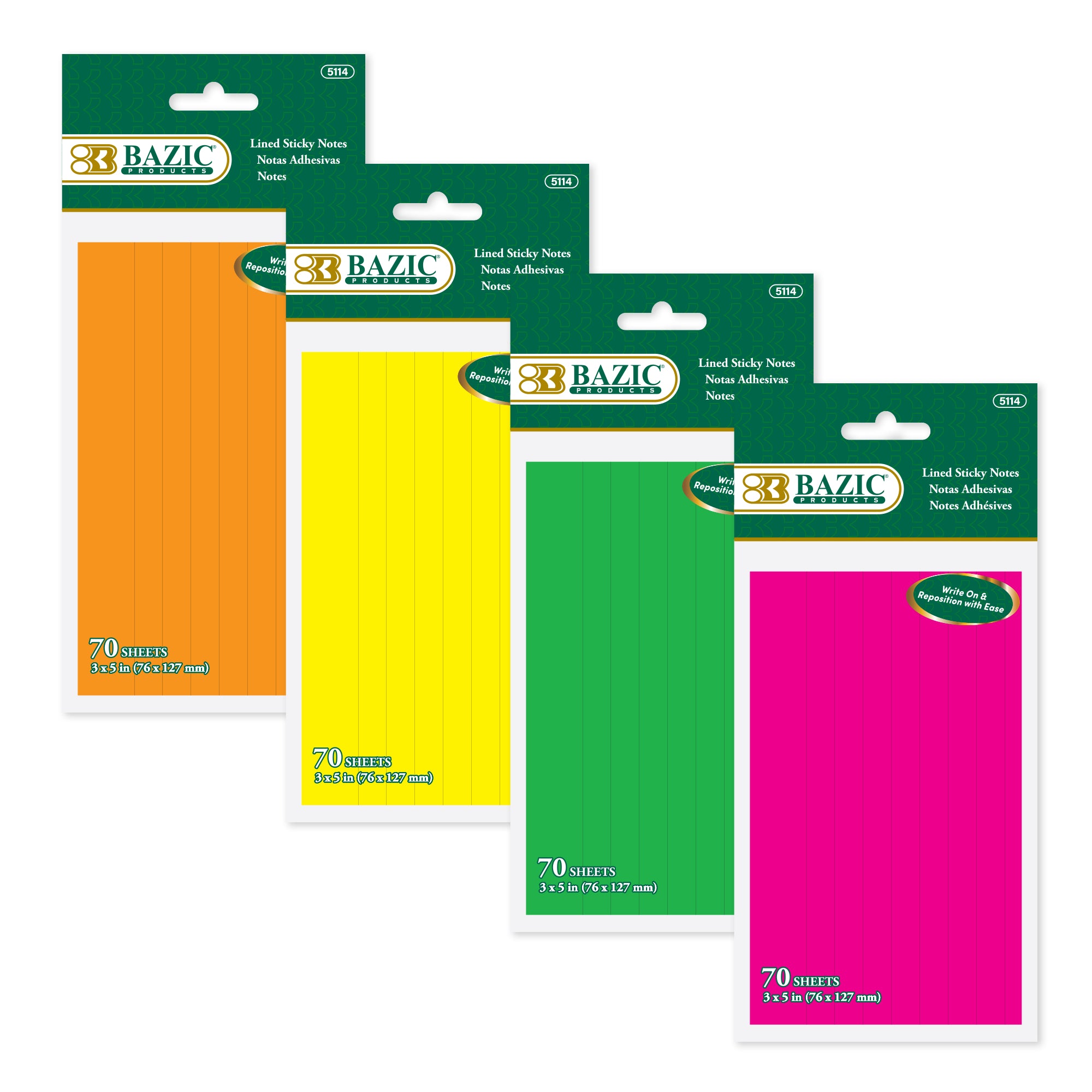 Neon Lined Sticky Notes, 3 x 5 in, 70 Sheets
