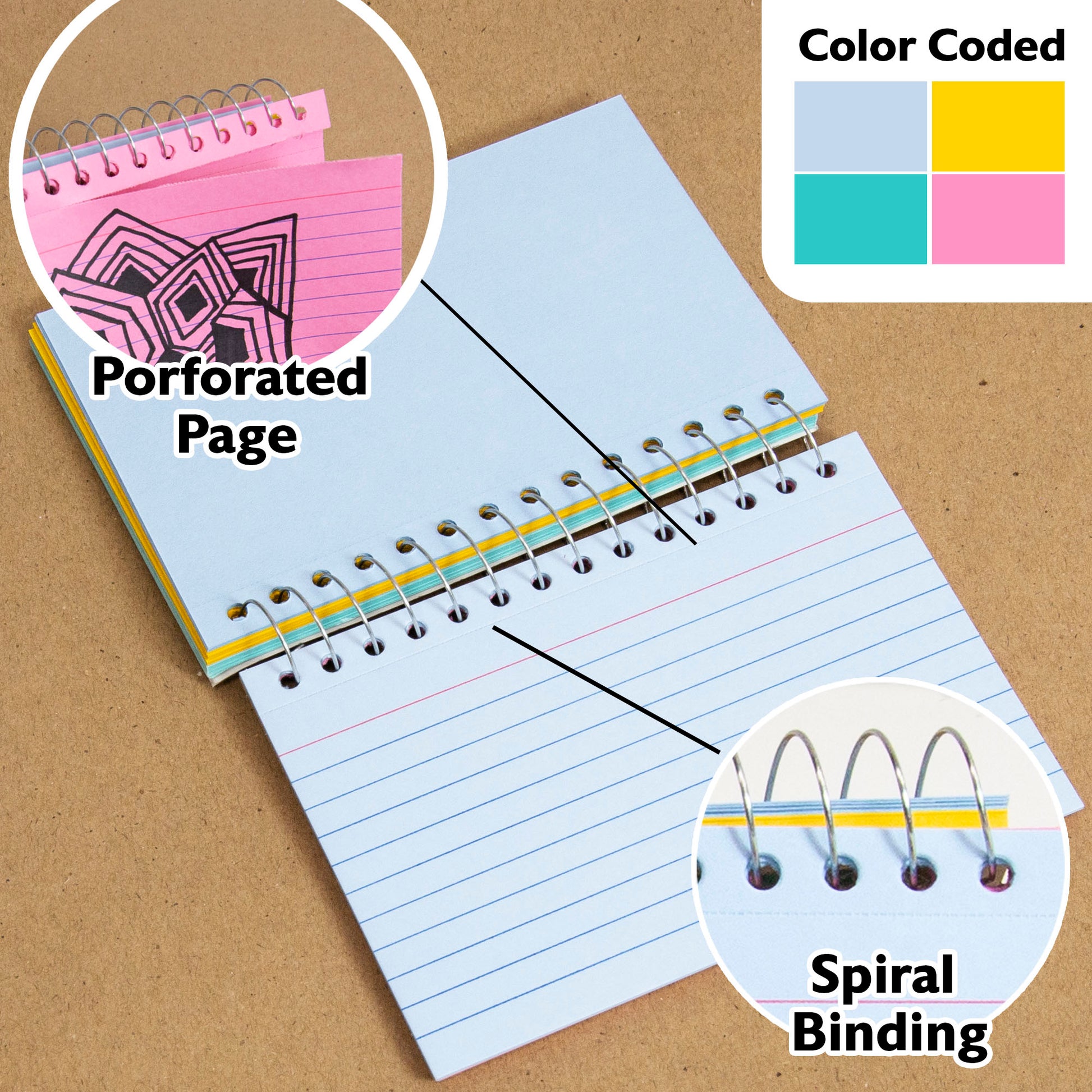 50 Ct. Spiral Bound 3" X 5" Ruled Colored Index Card