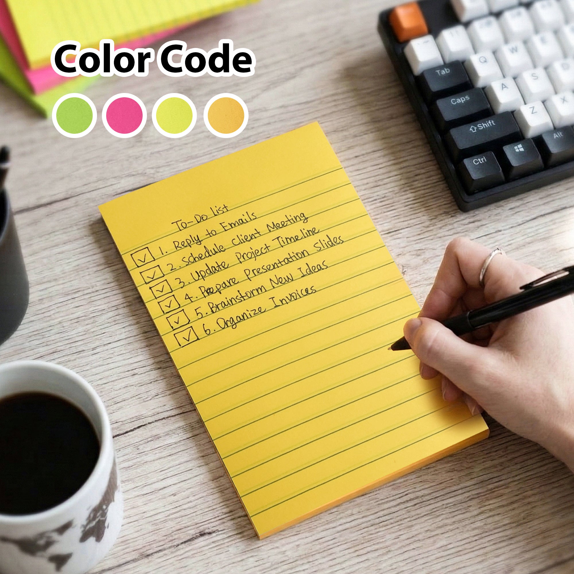 Lined Sticky Notes, 4" x 6", Neon Colors, 50 Sheets