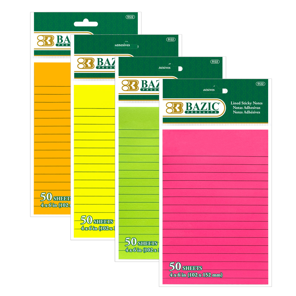 BAZIC Neon Lined Sticky Notes, 4 x 6 in, 50 Sheets