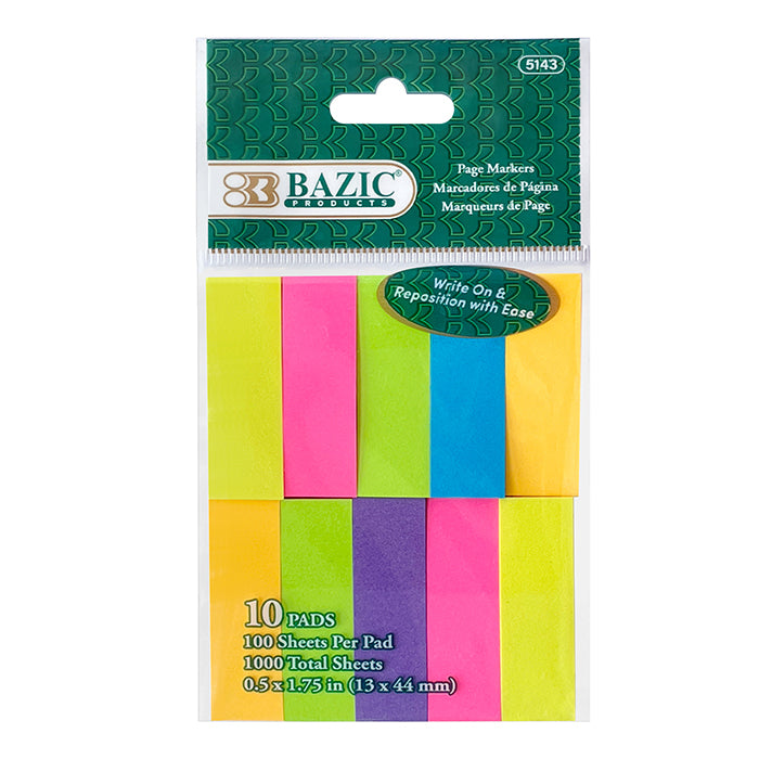 BAZIC Neon Page Markers, 0.5 x 1.75 in, 100 Sheets, 10 Pads
