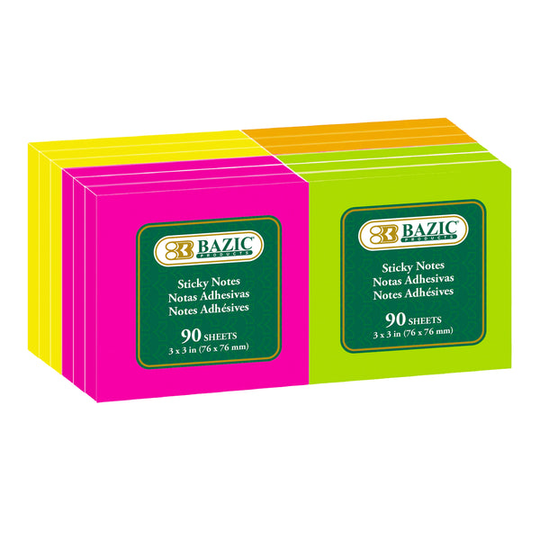 Neon Sticky Notes, 3 x 3 in, 90 Sheets, 12 Pads